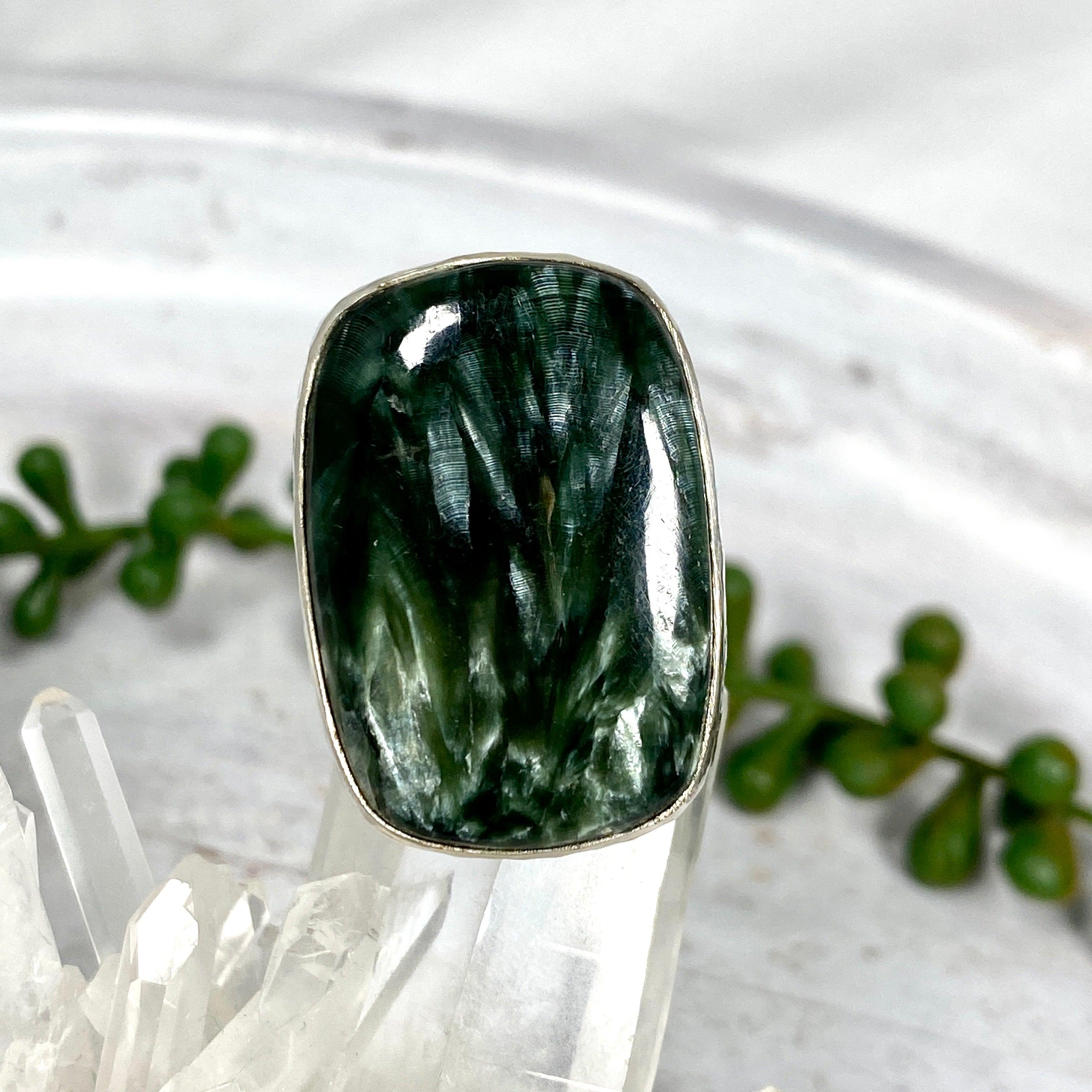 Seraphinite Rectangular Ring Size 8 - Elegant Green Gemstone Jewelry for Women | Perfect for Gifts, Parties & Special Occasions