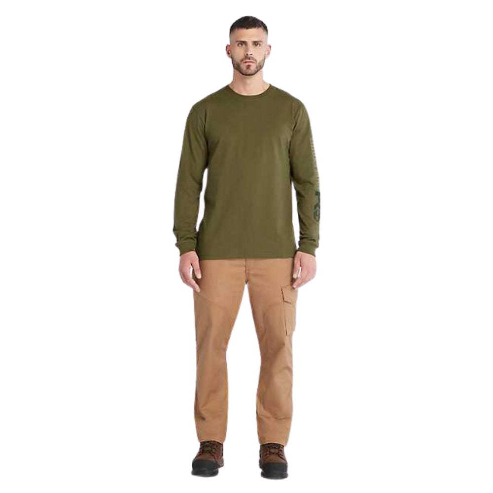 Timberland PRO Men's Core Logo Long Sleeve T-Shirt - Olive Green Workwear Shirt for Construction & Outdoor Activities | Comfortable Cotton Tee for Job Sites & Casual Wear