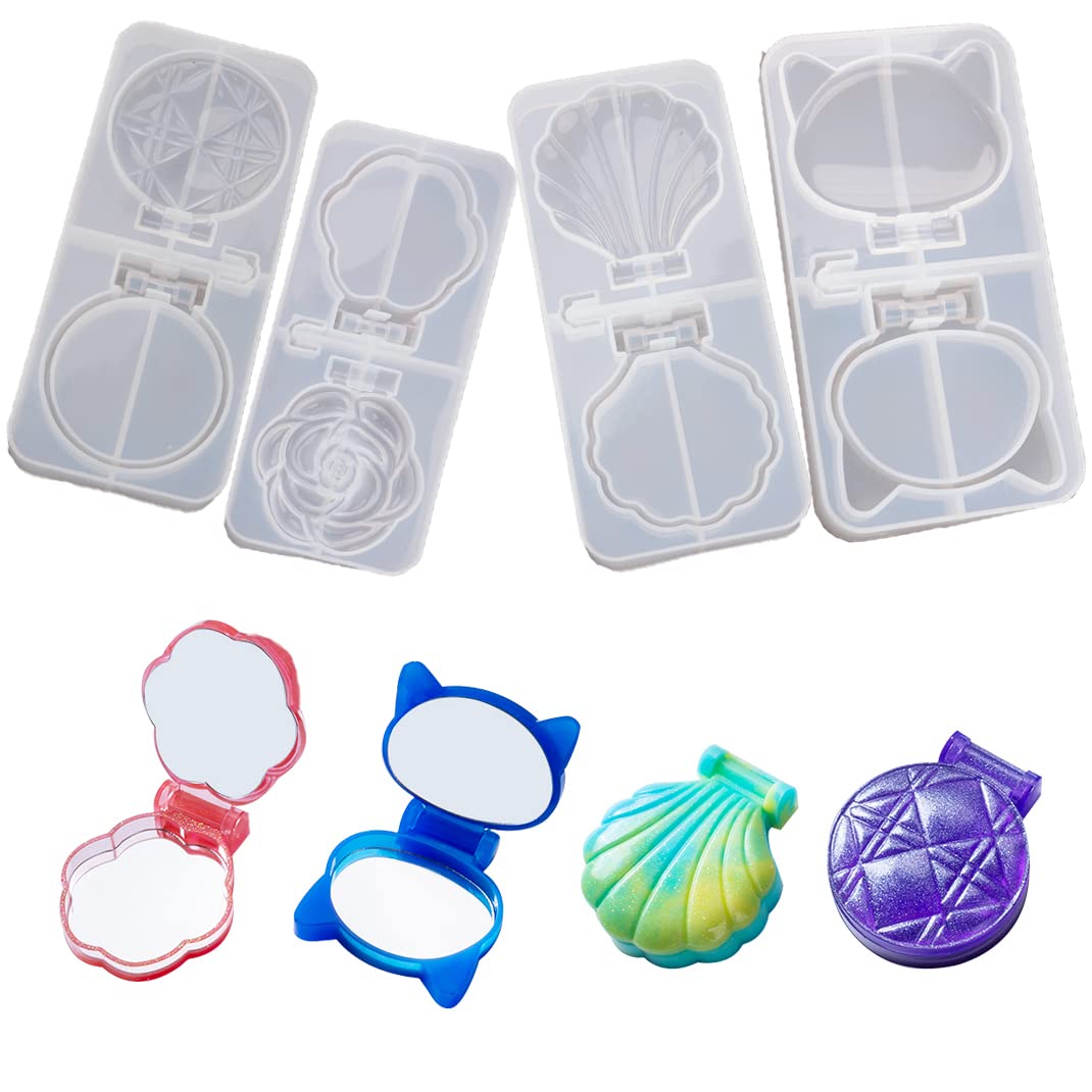 iSuperb 4-Piece Silicone Resin Mold Set for DIY Compact Mirror Covers - Cute Shape Travel Pocket Mirror Epoxy Molds for Double-Sided Foldable Mirrors - Perfect for DIY Crafts, Gifts, and Travel Accessories