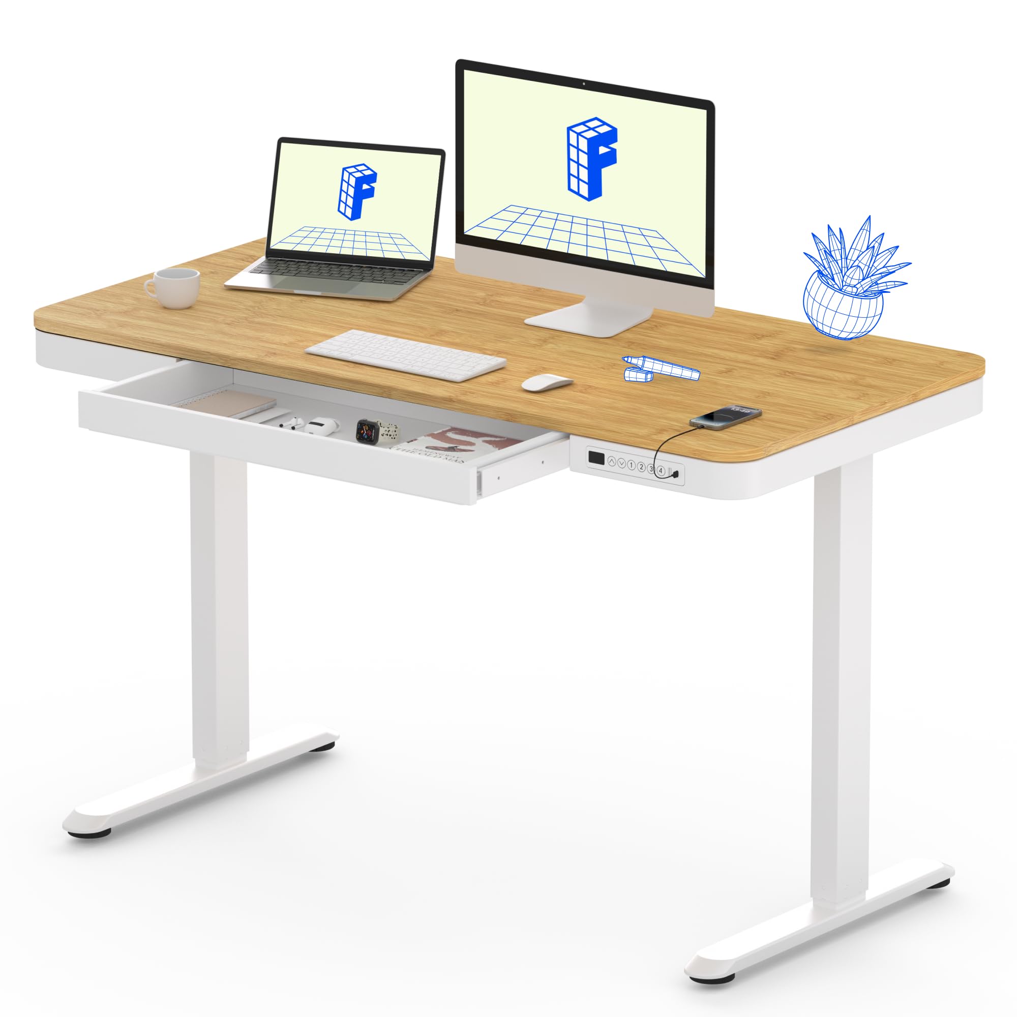 FLEXISPOT Comhar Electric Adjustable Standing Desk with Drawer & USB Charging Ports - Bamboo Texture/White Frame for Home Office & Workspace - Ergonomic Sit Stand Desk for Work, Study & Gaming
