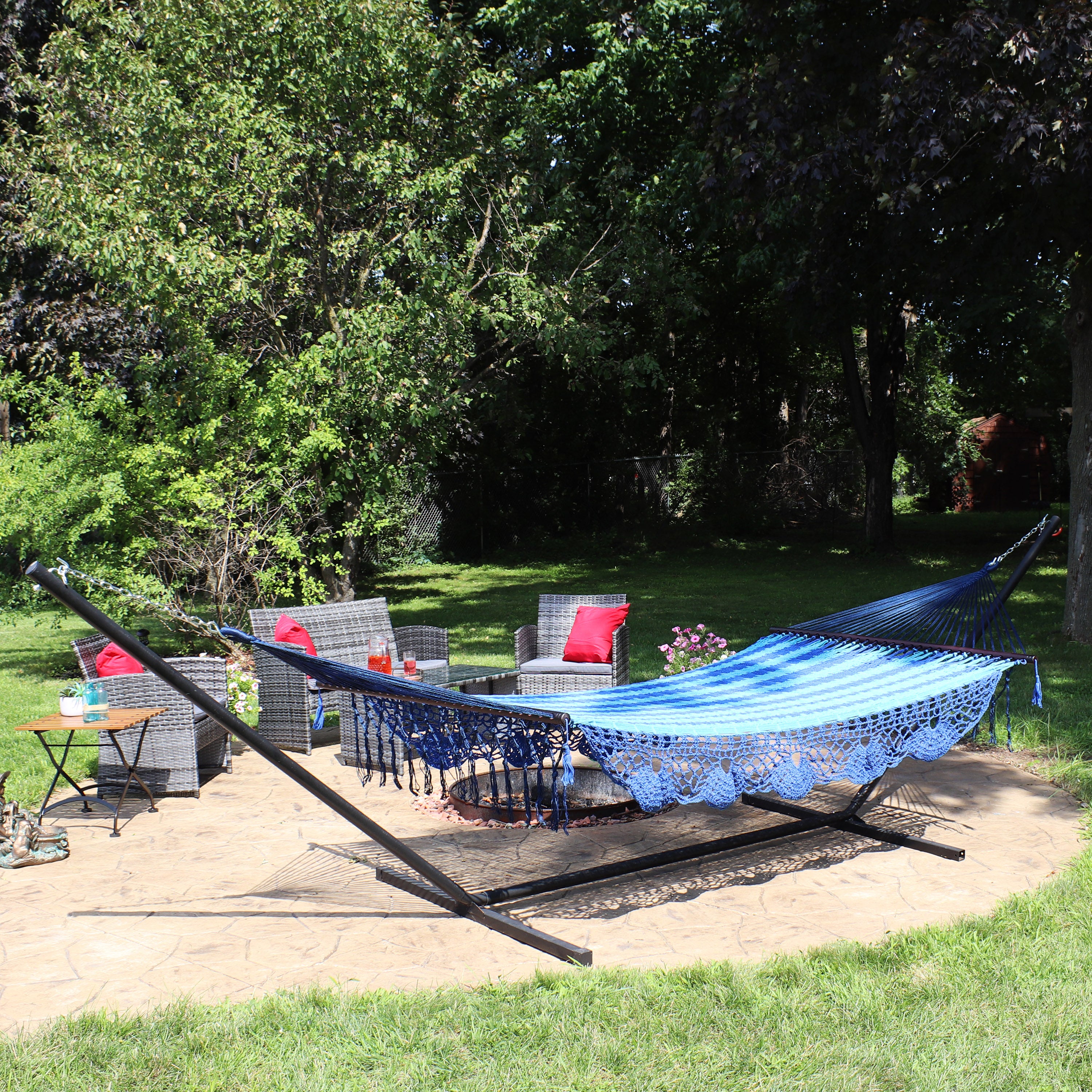 Premium Sunnydaze Deluxe American-Style Mayan Hammock with 15-Foot Steel Stand - Perfect for Backyard, Patio, Poolside & Outdoor Relaxation