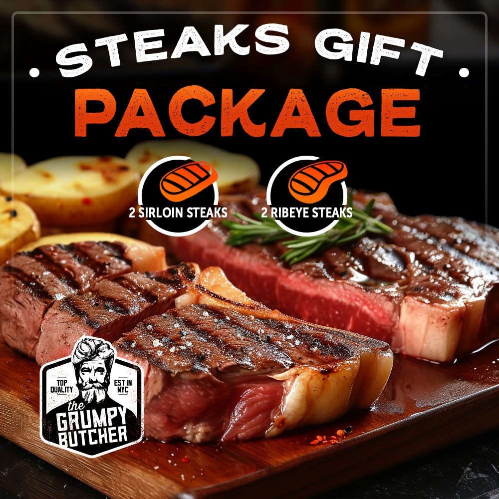Grumpy Butcher Premium Steak Gift Box - 2 Ribeye Steaks (14 oz each) & 2 Top Sirloin Steaks (6 oz each) | Gourmet Beef Gift Set for BBQ, Dinner Parties & Special Occasions | Carne Asada Meat Selection