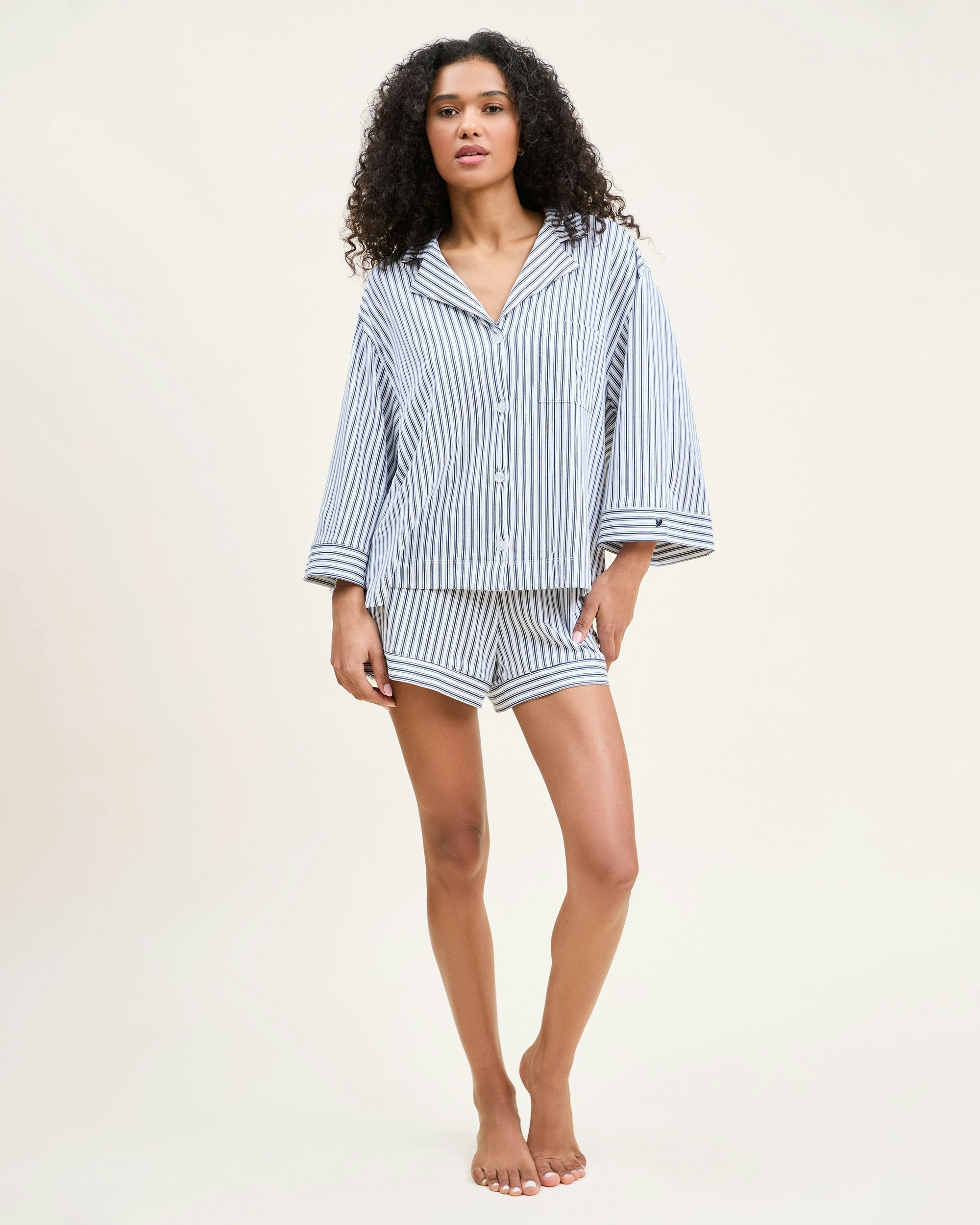 Olivia Pima Cotton Short Sleeve Top & Shorts Set - Pink Striped for Women | Summer Outfit, Beachwear, Lounge Wear