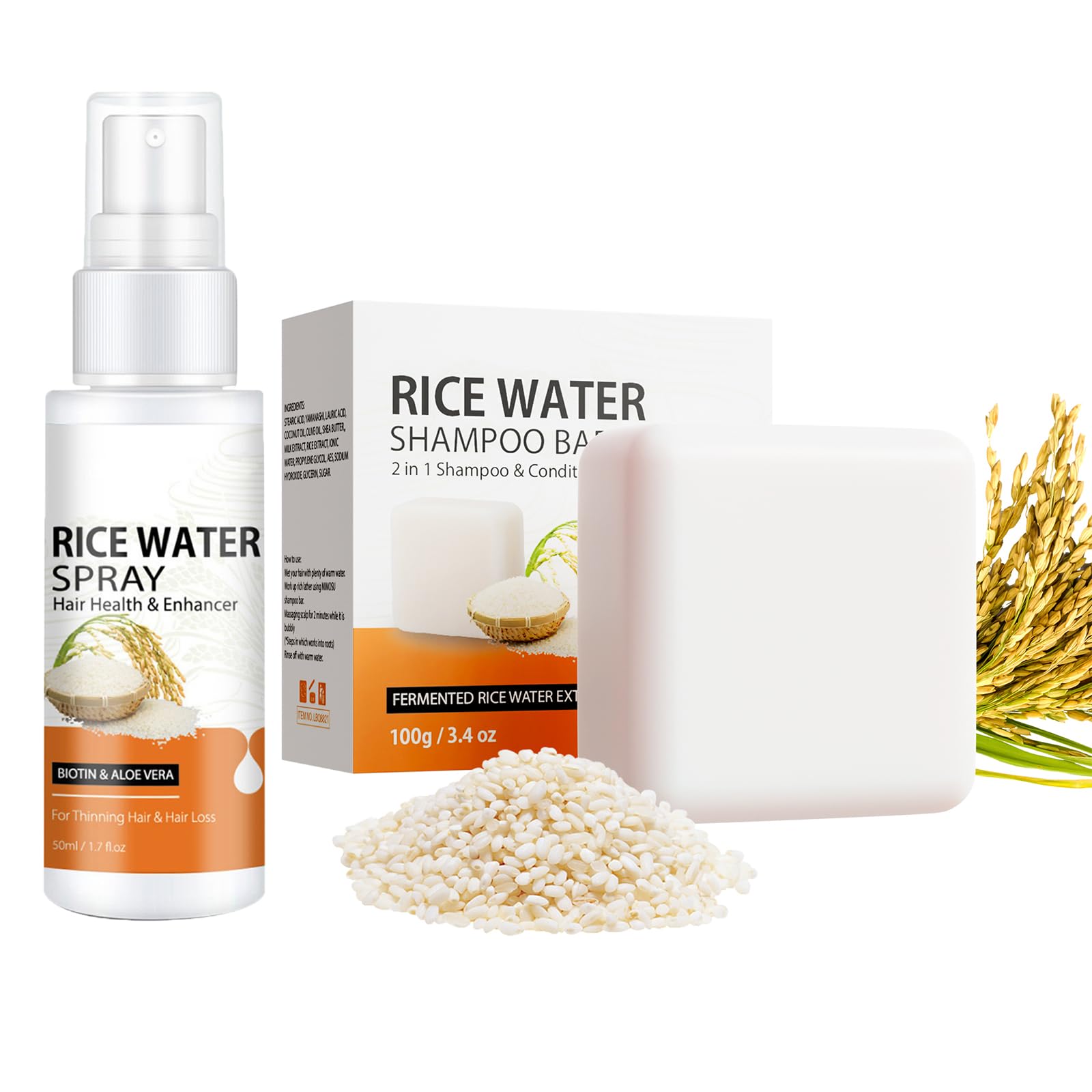 2 in 1 Rice Water Shampoo & Conditioner Bar with Rosemary Spray - Fermented Rice Water Treatment for Hair Growth, Anti Hair Loss, Thicker Fuller Hair - Perfect for Damaged Hair Care & Natural Hair Regrowth at Home