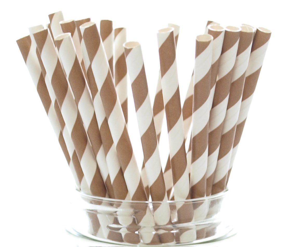 Elegant Gold Wedding Straws - Pack of 50 Brown Striped & Chevron Paper Drinking Straws for Anniversary Parties, Bridal Showers & Luxury Events - Eco-Friendly Disposable Party Supplies