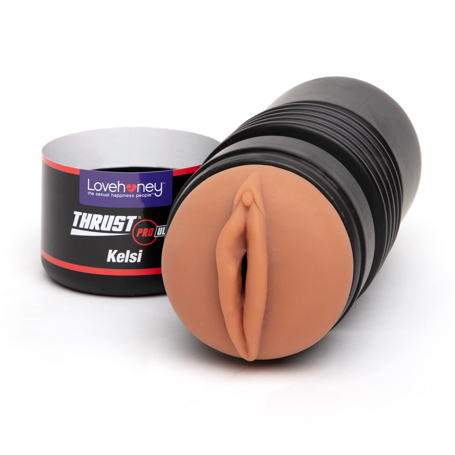 Lovehoney Thrust Pro Ultra Kelsi Male Masturbator Cup - 6 Inch Realistic Vagina Sex Toy with Textured Canal & Vibration Compatible - Waterproof Flesh Tan Male Pleasure Device for Solo Play & Couples Use - Perfect for Travel, Discreet Storage & Enhancing Intimacy