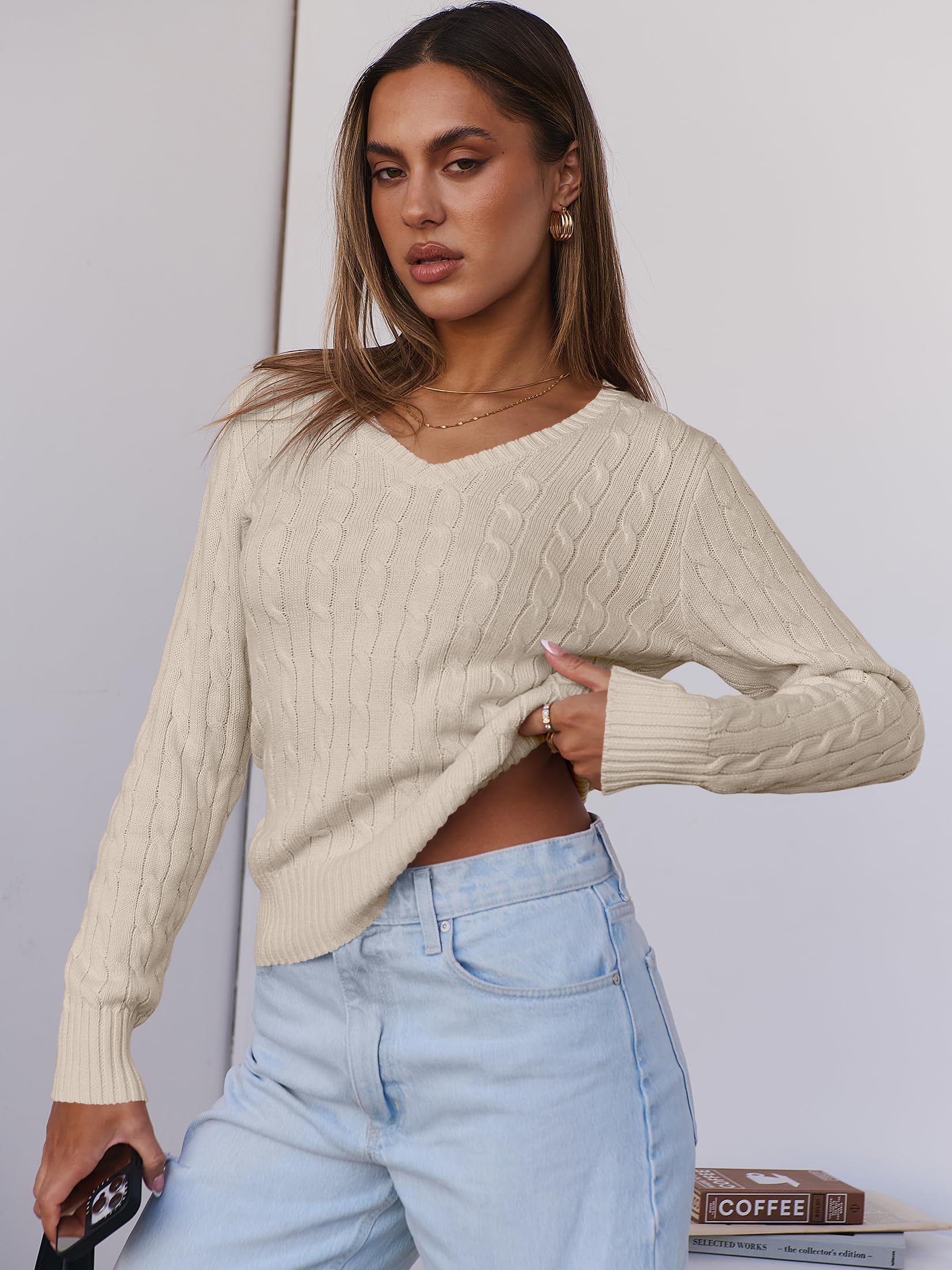 ANRABESS Women's Long Sleeve V Neck Cable Knit Sweater - Soft Pullover Top for Spring 2025 | Cute & Dressy Casual Outfit for Work, Dates & Everyday Wear