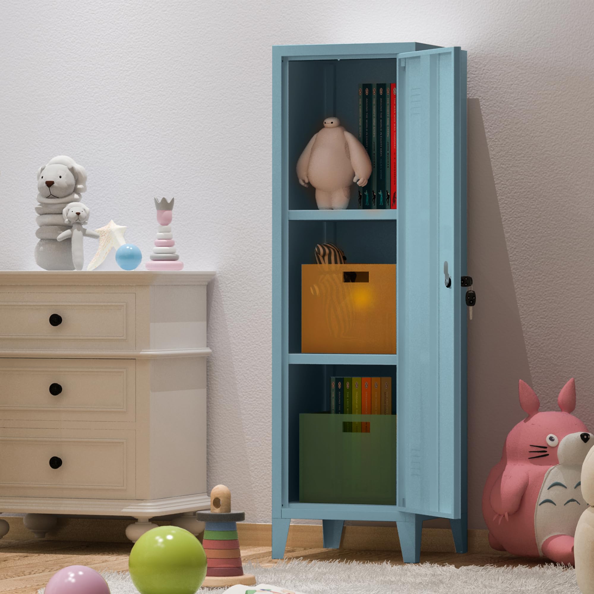 MIOCASA 3-Door Metal Storage Cabinet - Lockable Home Office File Organizer with Shelves & Doors, Blue - Perfect for Kids' Coat Lockers, School Supplies & Home Organization