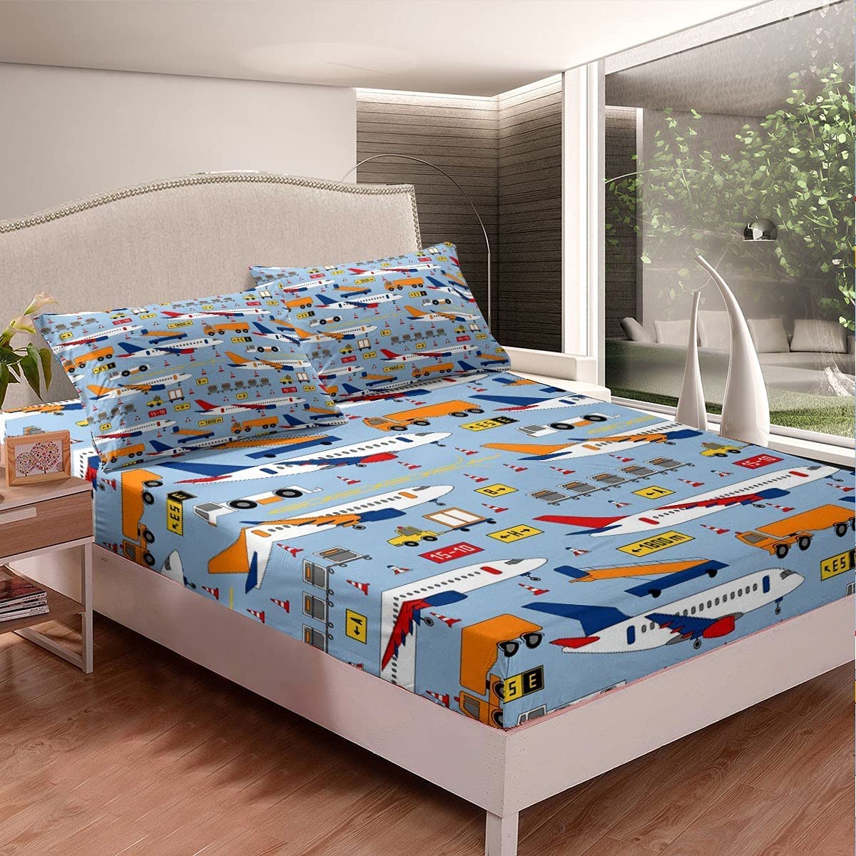 Kids Airplane Bedding Set - 4Pcs Queen Size Aircraft Themed Fitted Sheet with Cars & Traffic Lights Decor for Boys Room | Perfect for Aviation Lovers' Bedroom & Transportation Themed Nursery