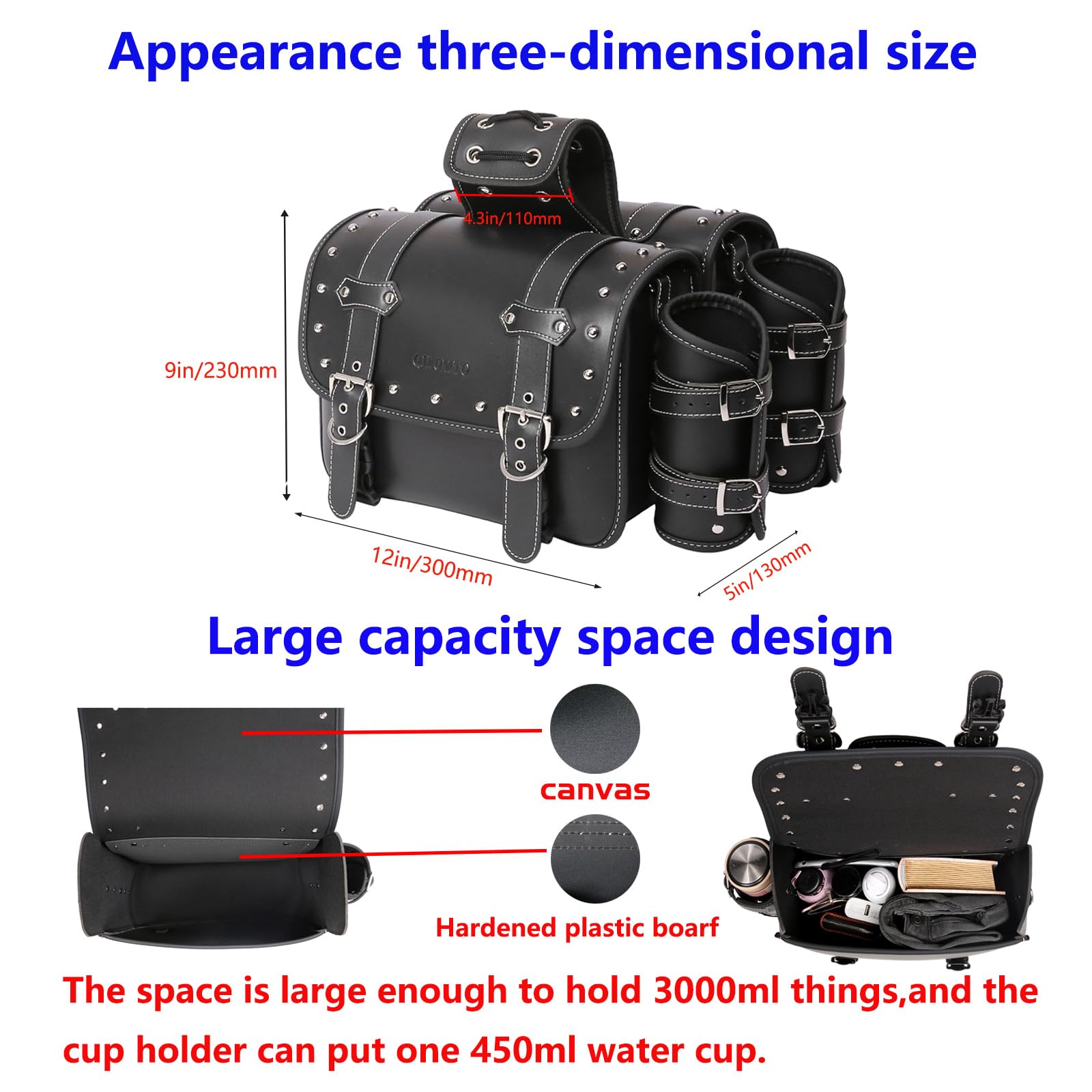 Premium High-Density Leather Motorcycle Saddlebags - Universal Throw Over Panniers with Waterproof Design, Cup Holder & Side Tool Storage (1 Pair, Black) | Ideal for Harley, Cruiser & Touring Bikes - Road Trips & Daily Commuting