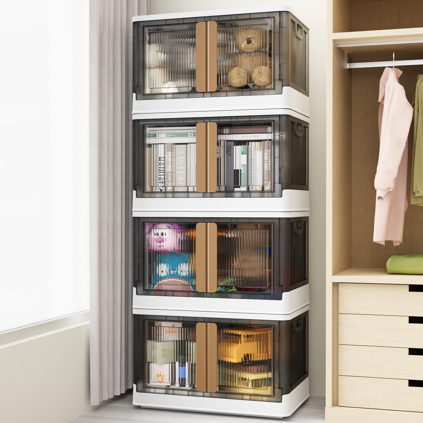 4-Pack 100Qt (25 Gallon) Stackable Plastic Storage Bins with Lids & Wheels - Foldable Closet Organizer, Storage Cabinet with Doors for Home, Dorm, Office, Garage (V6 Brown) - Perfect for Clothes, Toys, Seasonal Items & Household Organization