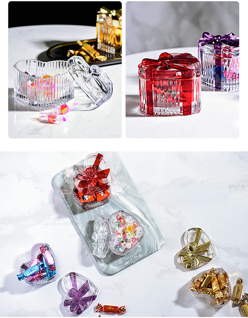 Elegant Embossed Heart-Shaped Bowknot Glass Jewelry Storage Box with Lid - Perfect for Organizing Rings, Necklaces & Candy - Ideal for Valentine's Gift, Wedding Favors & Home Decor