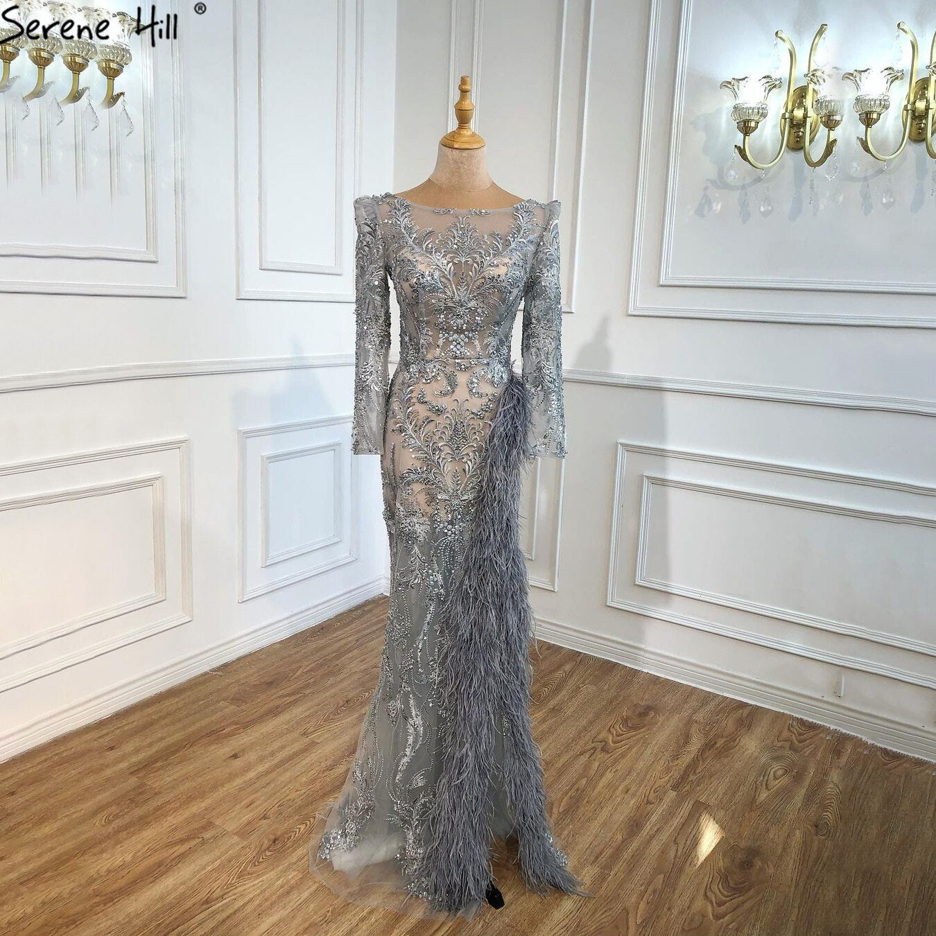 Elegant Grey Mermaid Evening Gown with Beading & Feathers - Luxury Formal Dress for Women | Perfect for Prom, Gala & Special Occasions