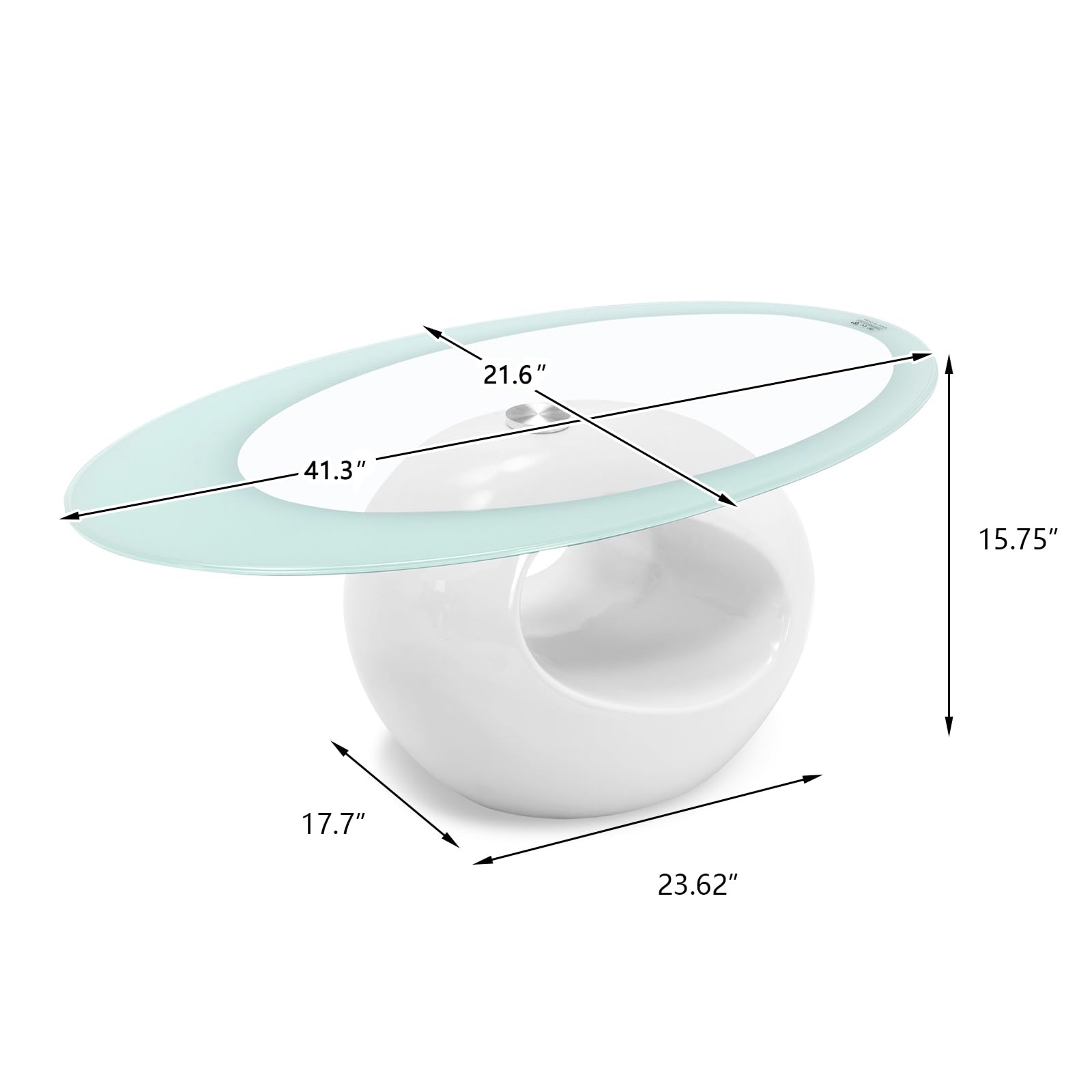 Modern Oval Glass Coffee Table with Tempered Top & Glossy Storage Base - Contemporary Living Room Center Table for Sofa & Lounge Areas - White
