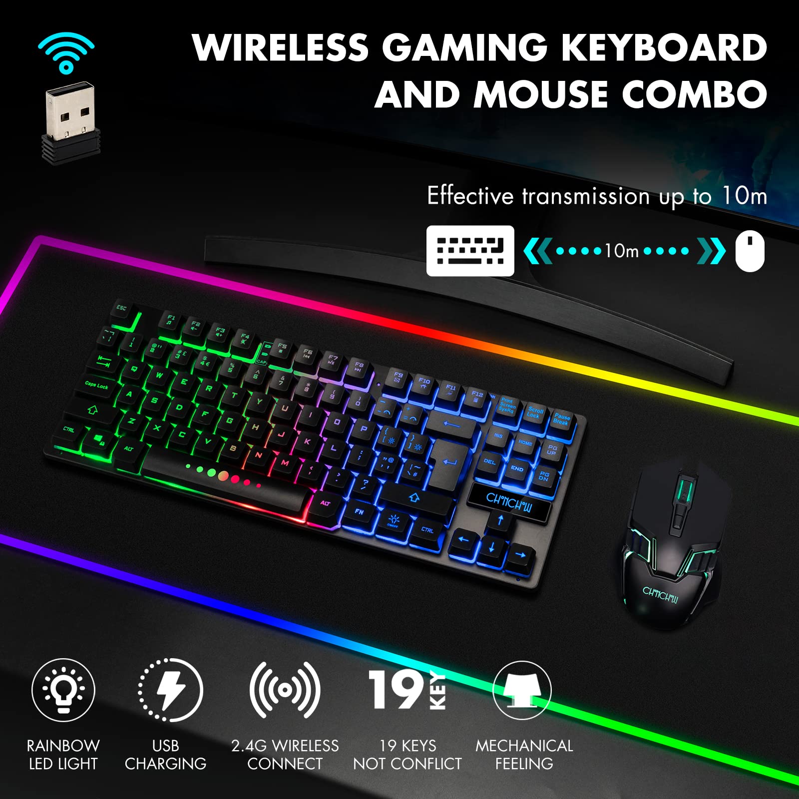 Wireless Gaming Keyboard and Mouse Combo - Rechargeable LED Backlit Tenkeyless 87 Keys Compact Mechanical Keyboard with 6-Button Mouse for PC, Laptop, PS4, PS5, Switch, Xbox One - Compatible with Windows XP/7/8/10, MacBook, iMac - Perfect for Gaming, Office Work, and Home Entertainment