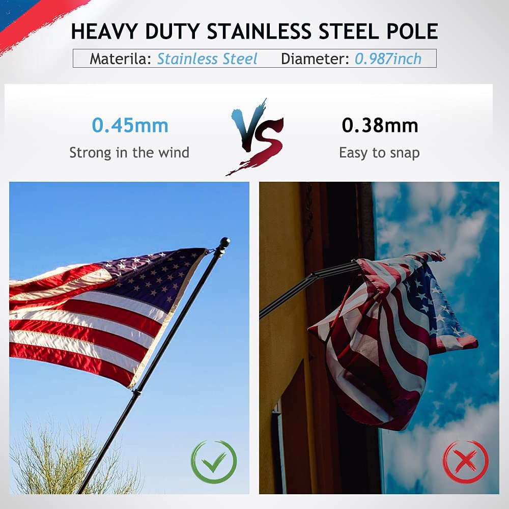 6ft Stainless Steel Wall Mounted Flag Pole Kit with Bracket & Rings - Outdoor House Flagpole for Yard, Garden, Residential & Commercial Use - Perfect for Patriotic Displays, Sports Events & Home Decor (Black)