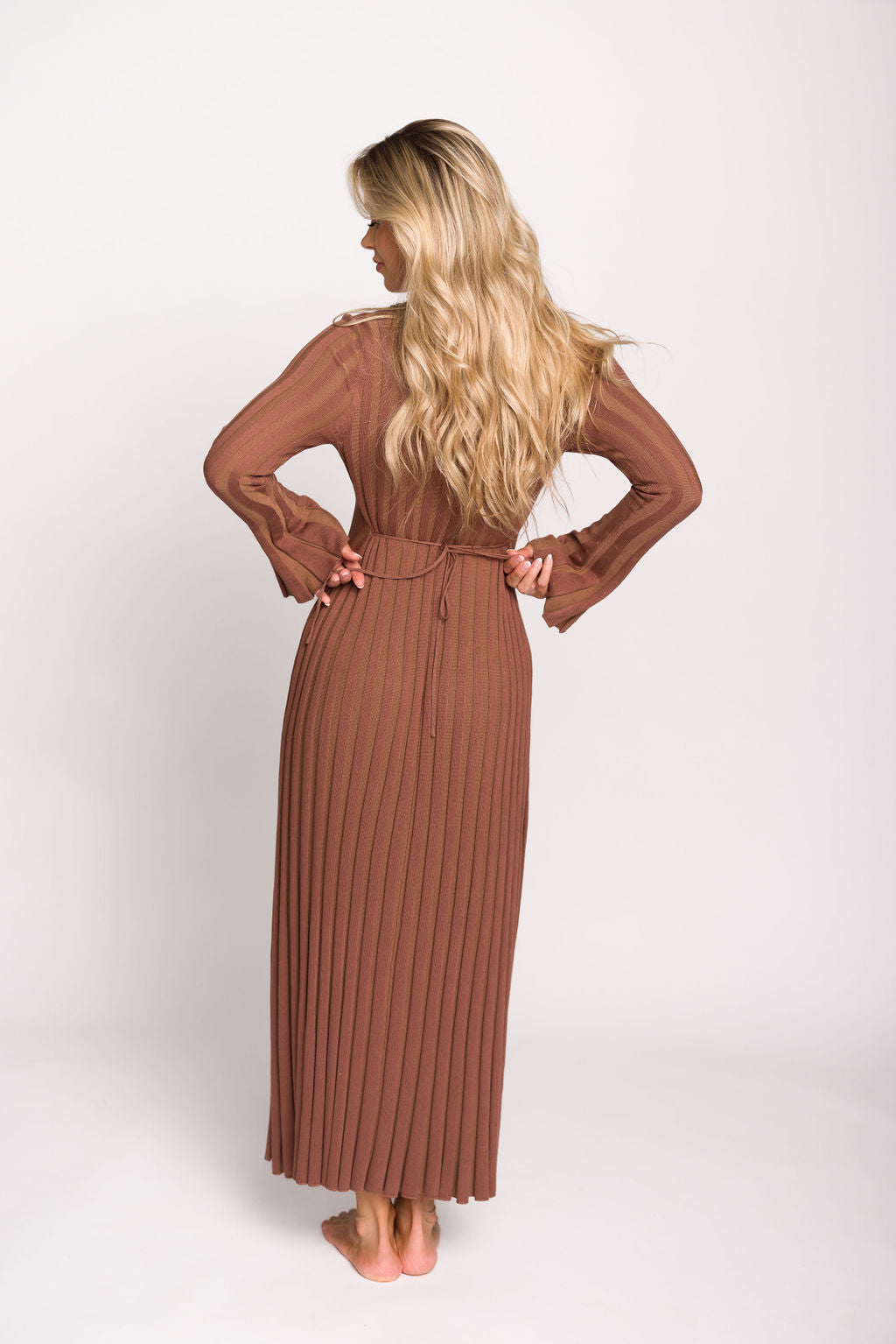 Hadley Long Sleeve V Neck Knit Maxi Dress in Cocoa - Women's Elegant Casual Maxi Dress for Fall & Winter | Perfect for Office, Date Night & Holiday Parties