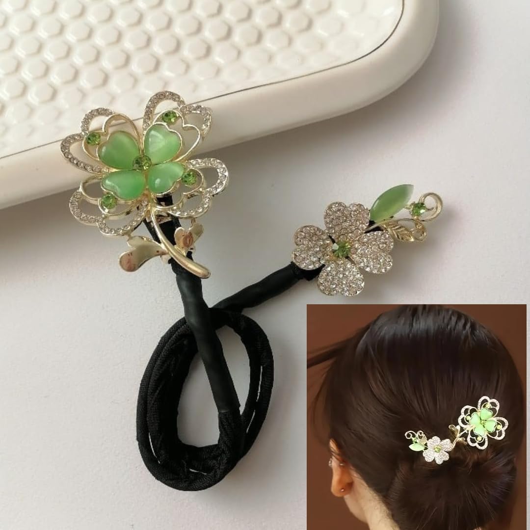 1 Piece Green Rhinestone Lazy Hair Curler Bun Maker - Perfect Hair Bun Tool for Women, Floral Hair Style Accessories, Twist Bun Clips for Party & Wedding (Green Floral) - Great for Special Occasions, Prom, Bridal & Everyday Hairstyling
