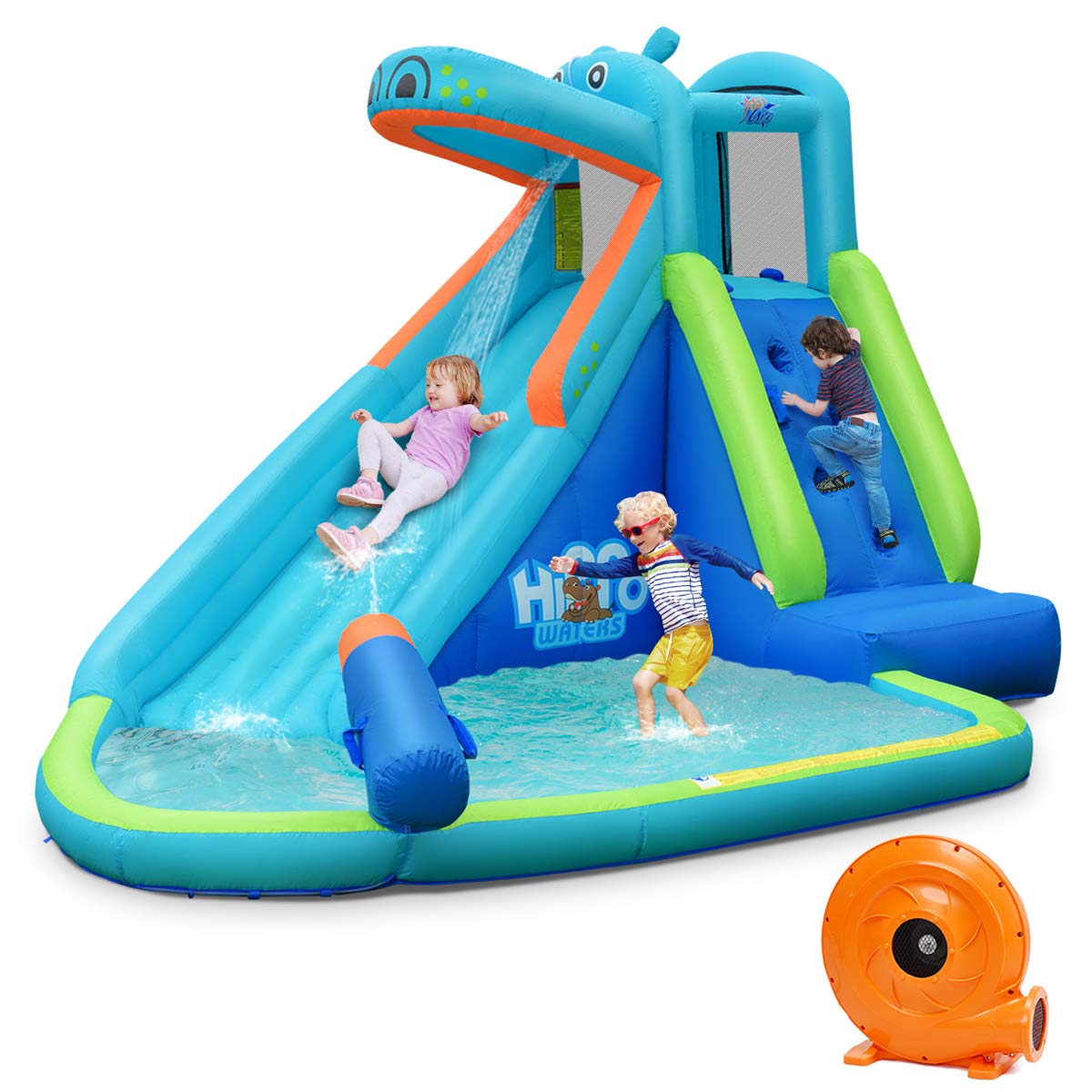 GLACER Inflatable Water Slide Bounce House with Splash Pool, Climbing Wall & Water Cannon - Outdoor Water Park Slide for Kids - Includes 740W Air Blower, Hose & Carry Bag - Perfect for Backyard Parties, Summer Fun & Birthday Celebrations