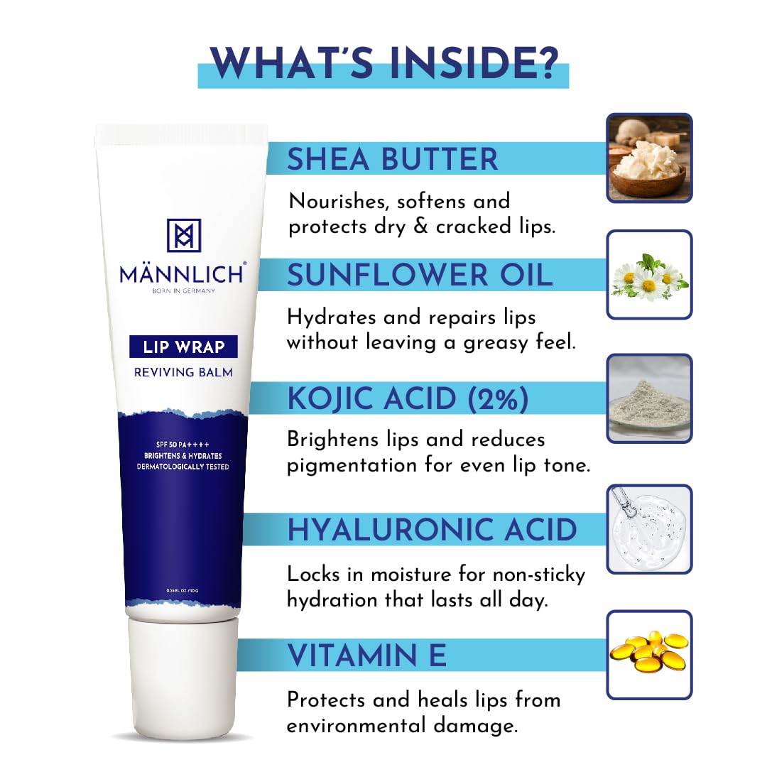 Mannlich SPF 50 PA++++ Lip Balm for Men - 2% Kojic Acid & 1% Hyaluronic Acid Lip Care Treatment - Moisturizing, Lightening, Long-Lasting Hydration for Dry & Chapped Lips (10g) - Perfect for Outdoor Activities, Workouts & Daily Lip Protection