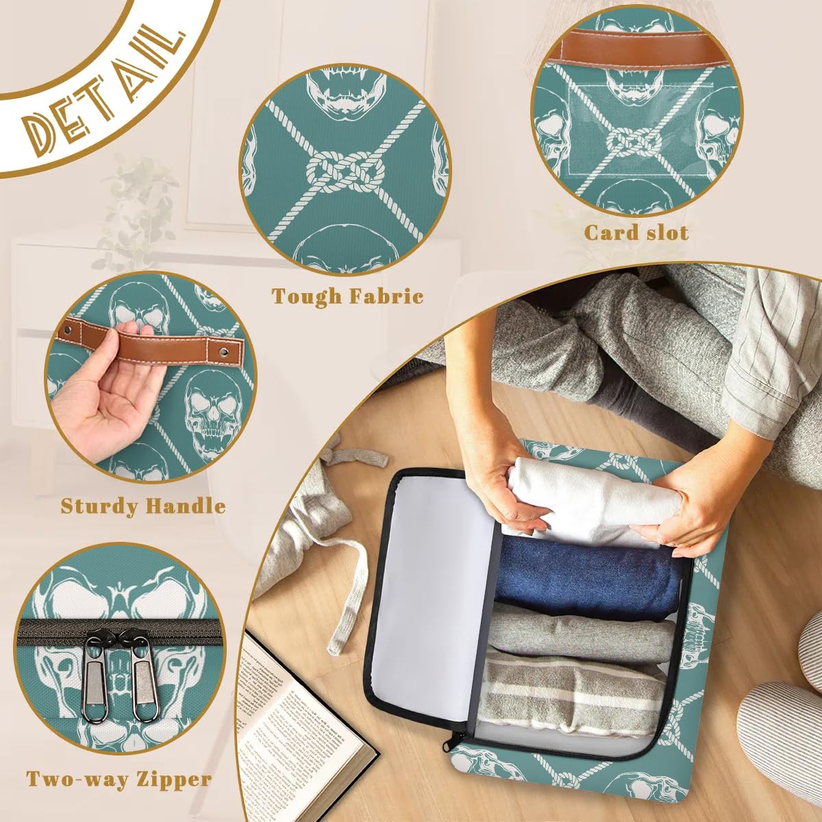2-Pack Skeleton Rope Plaid Storage Bins with Zipper Lid | Stackable Closet Organizer Baskets with Metal Frame & PU Handles | Perfect for Clothes, Toys, and Home Organization
