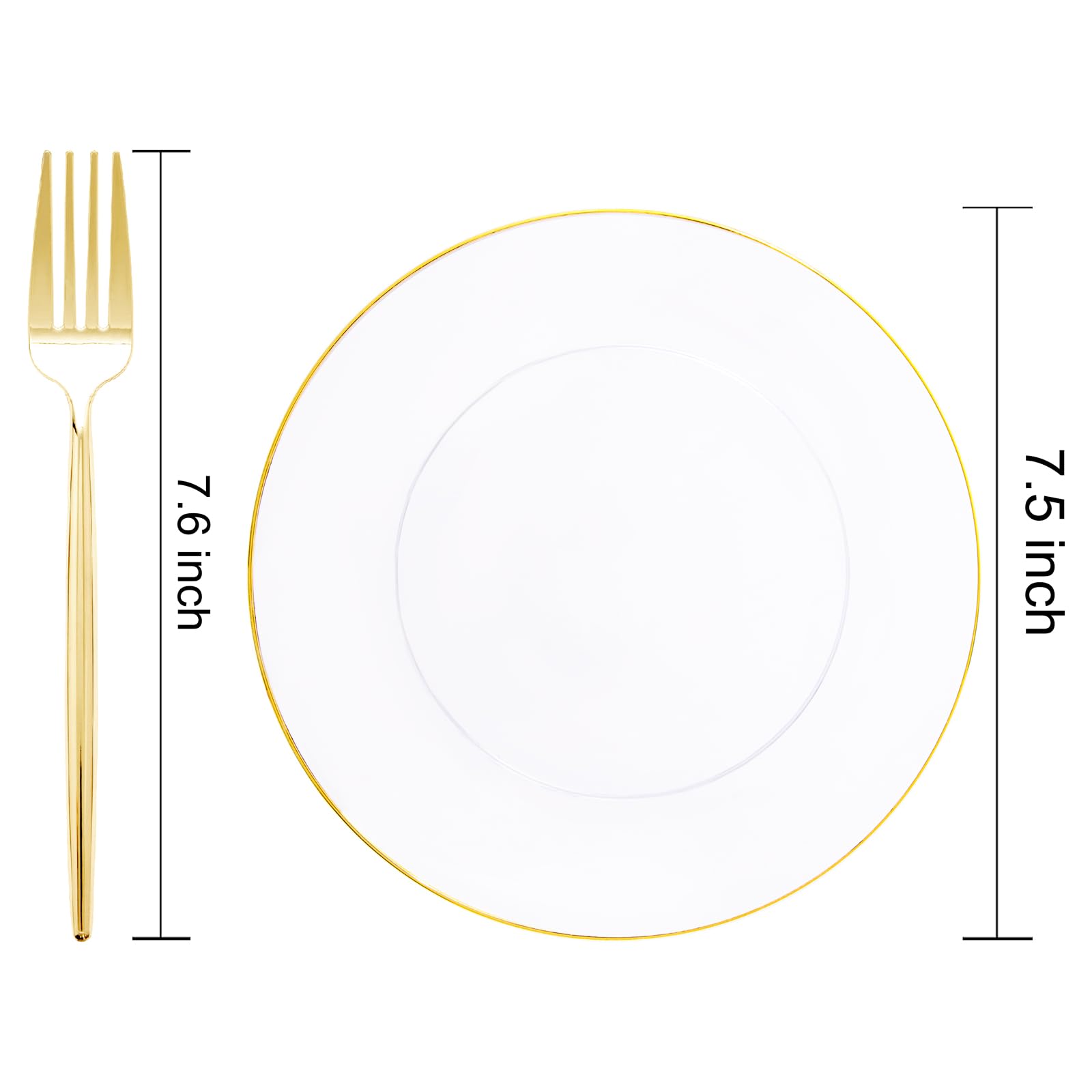 100-Pack Clear Gold Disposable Dessert Plates with Plastic Gold Forks - Elegant Wedding, Party, Birthday Cake Serving Plates for Events & Catering