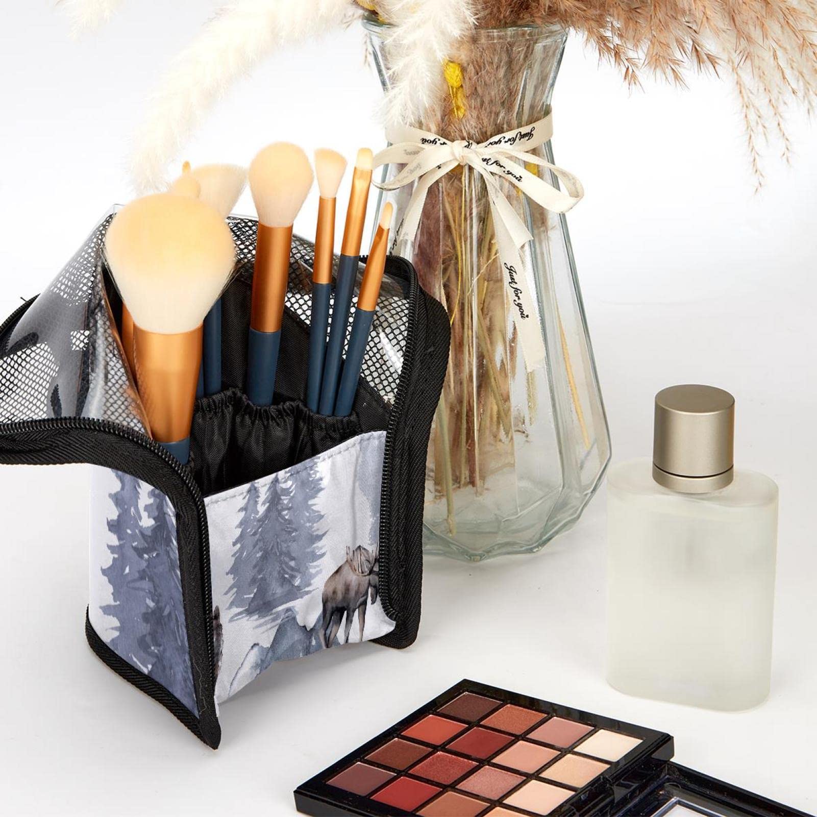 Premium Makeup Brush Organizer Bag with 12 Brushes - Deer, Bear, Wolf & Eagle Designs | Portable Cosmetic Brush Holder Case for Travel & Home Storage | Perfect for Makeup Artists & Beauty Enthusiasts