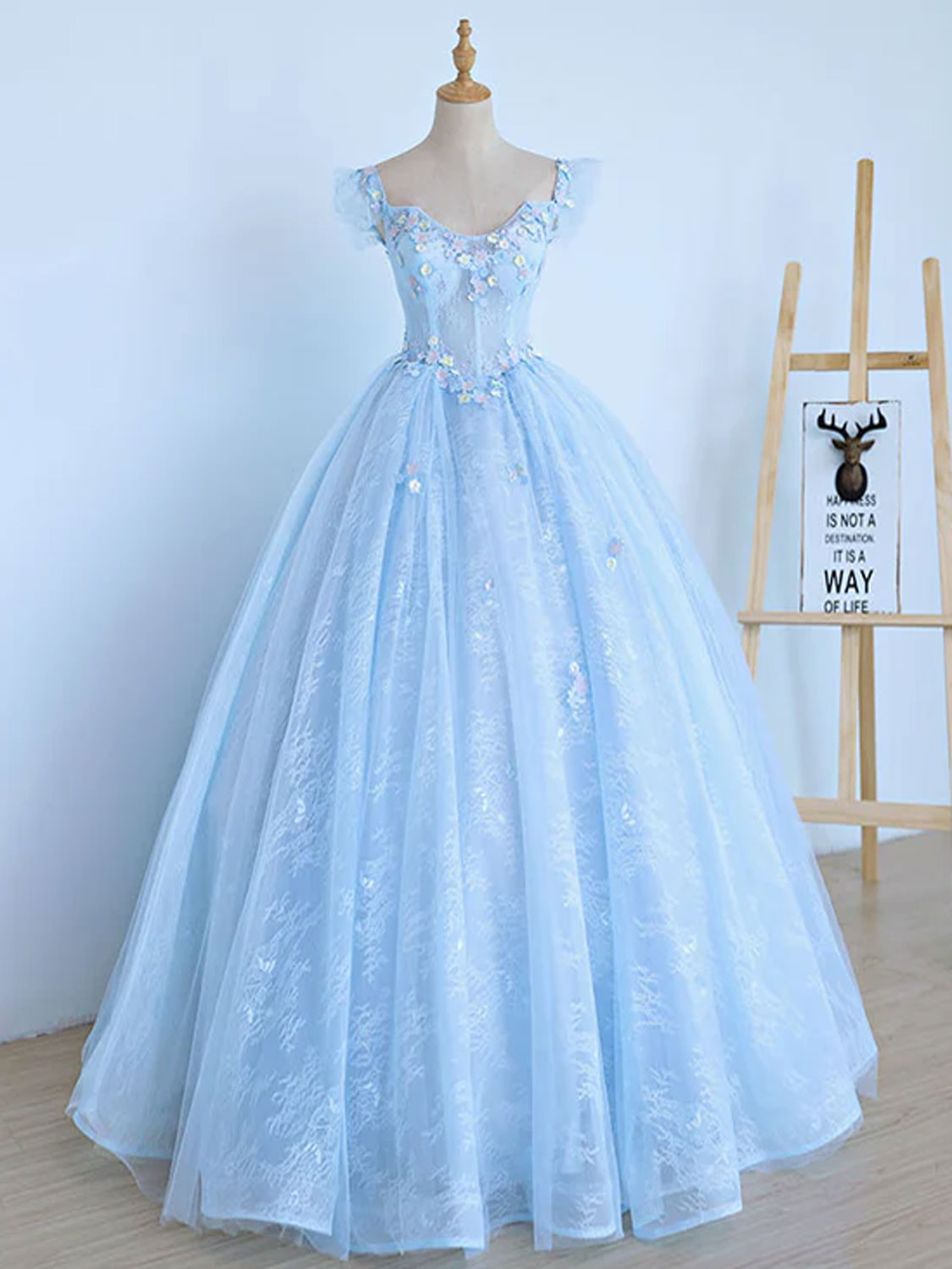 Elegant Blue A-Line Tulle Lace Long Prom Dress for Women - Formal Evening Gown for Homecoming, Wedding, Party & Special Occasions