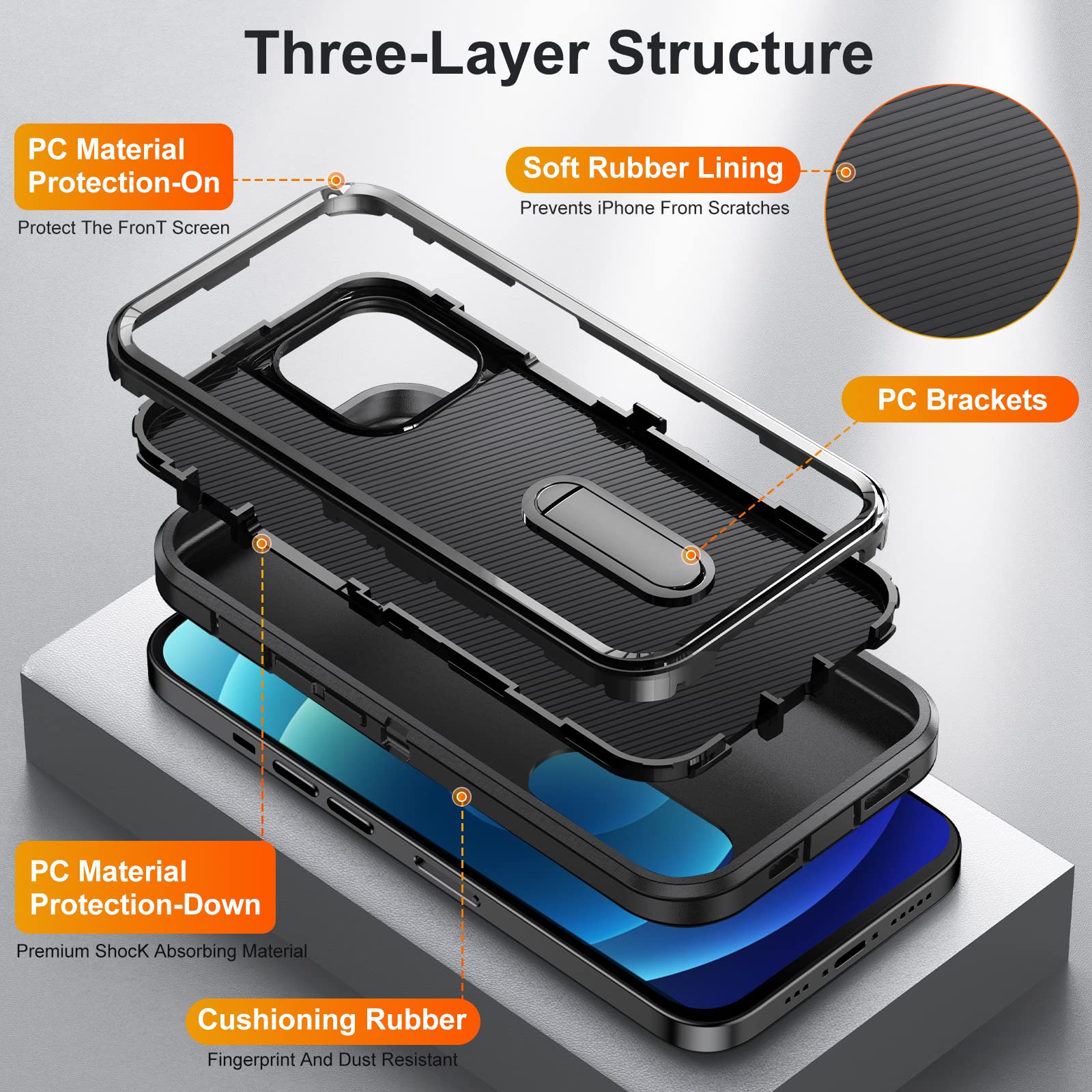 BaHaHoues Military Grade Shockproof iPhone 12 Case with Built-in Kickstand - Protective Cover for iPhone 12/12 Pro | Dustproof & Drop Proof | Perfect for Outdoor Activities, Travel & Daily Use (Black)