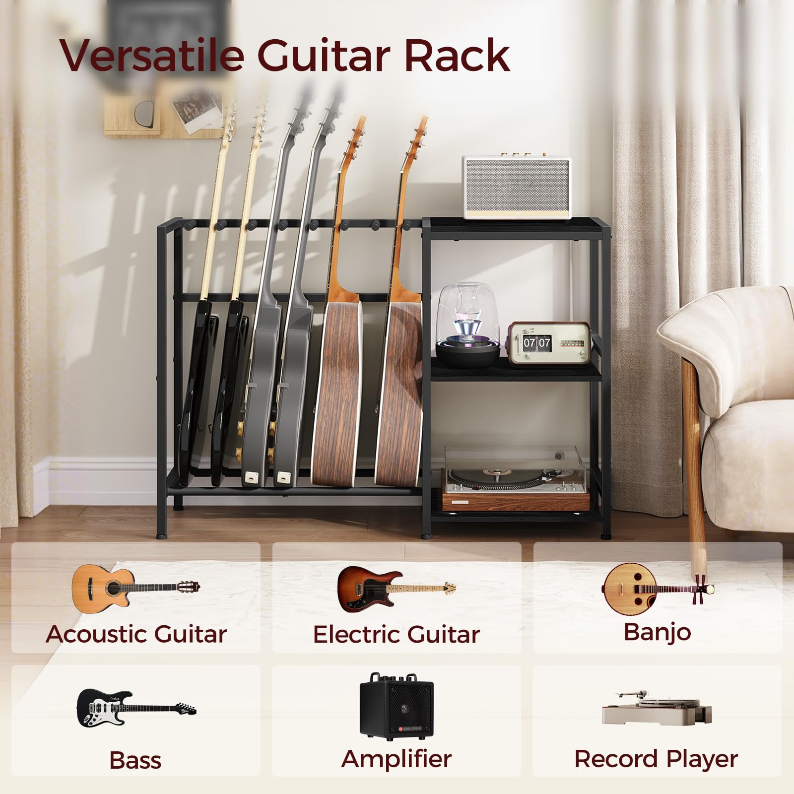 Premium Guitar Stand Holder for 5-6 String Instruments - Acoustic Guitar & Bass Stand with Side Shelves for Record Player - Non-Slip Rubber Pads - Black GSBK9701 - Perfect for Home Studios, Music Rooms & Live Performances