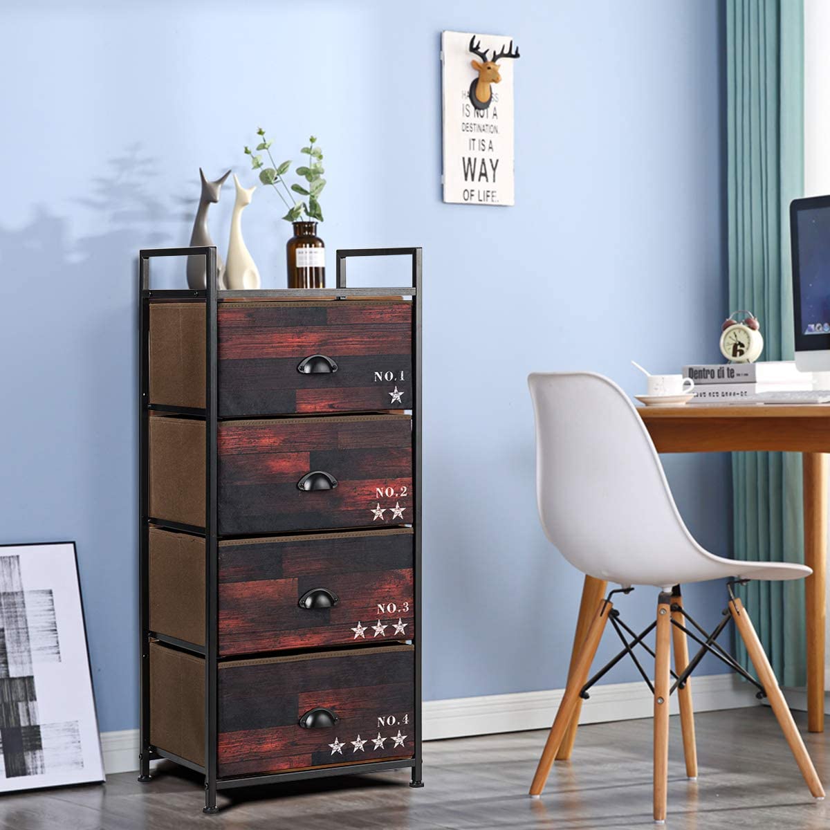 Tangkula 4-Drawer Vertical Storage Tower - Industrial Wood Look Dresser with Fabric Drawers & Steel Frame for Bedroom, Closet & Entryway Organization | Freestanding Retro Cabinet for Small Spaces & Apartment Living