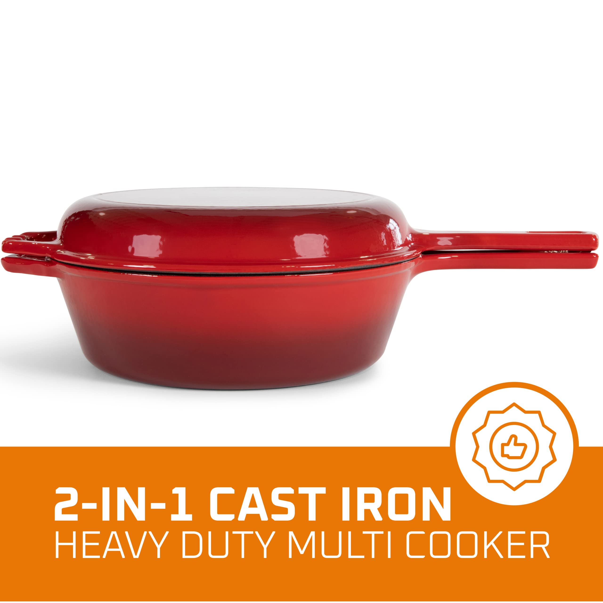 2-in-1 Enameled Cast Iron Dutch Oven with Skillet Lid - 5 Quart Fire Red Cookware for Induction, Gas, Electric & Oven Use - Bruntmor Multi-Cooker for Braising, Baking, Frying & Camping Cooking