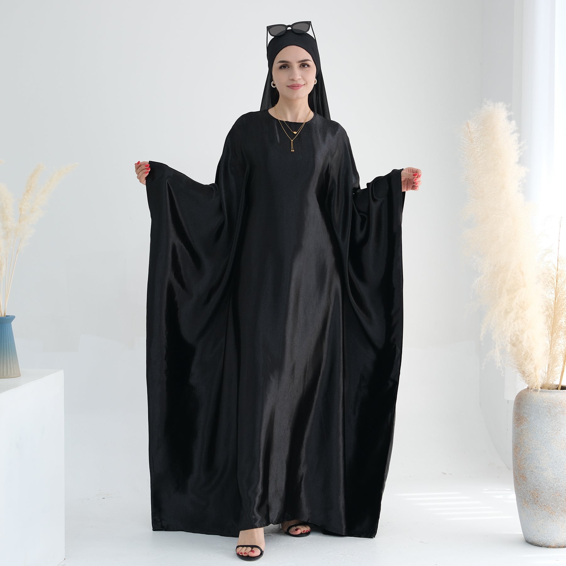 Elegant Black Alisha Butterfly Satin Abaya - Modest Muslim Dress for Women | Perfect for Prayer, Eid, Wedding & Special Occasions