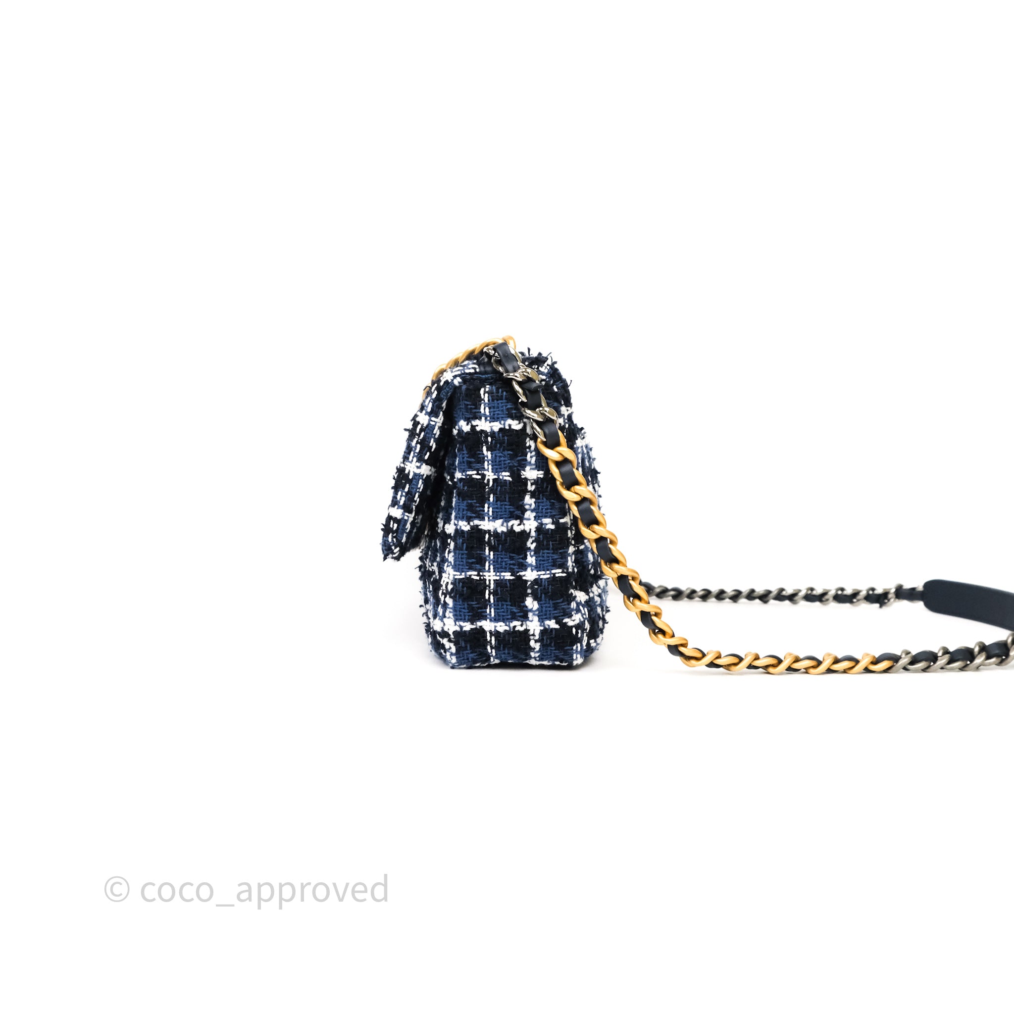 Chanel 19 Small Handbag in Blue, White & Black Grid Tweed with Mixed Hardware - Perfect for Work, Travel & Evening Events