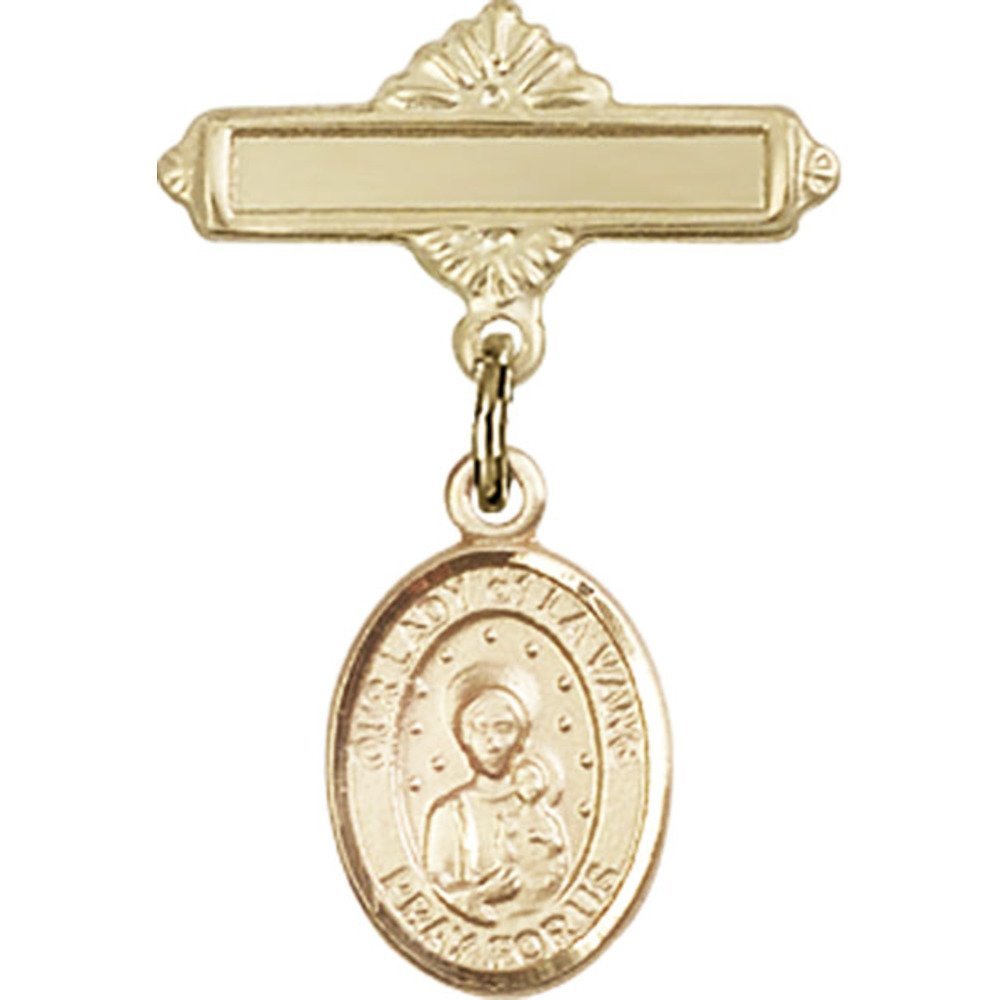 Gold Filled Baby Badge with Our Lady of La Vang Charm - 1 x 5/8 Inch Polished Pin for Catholic Jewelry, Baptism Gifts & Religious Keepsakes - Perfect for First Communion, Baby Blessings & Faith-Based Accessories