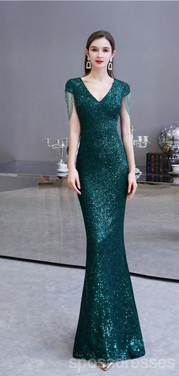 Green Mermaid Sequin V-Neck Cap Sleeves Long Prom Dress for Women | Elegant Evening Gown for Party, Homecoming, Wedding Guest | Perfect for Formal Events & Special Occasions