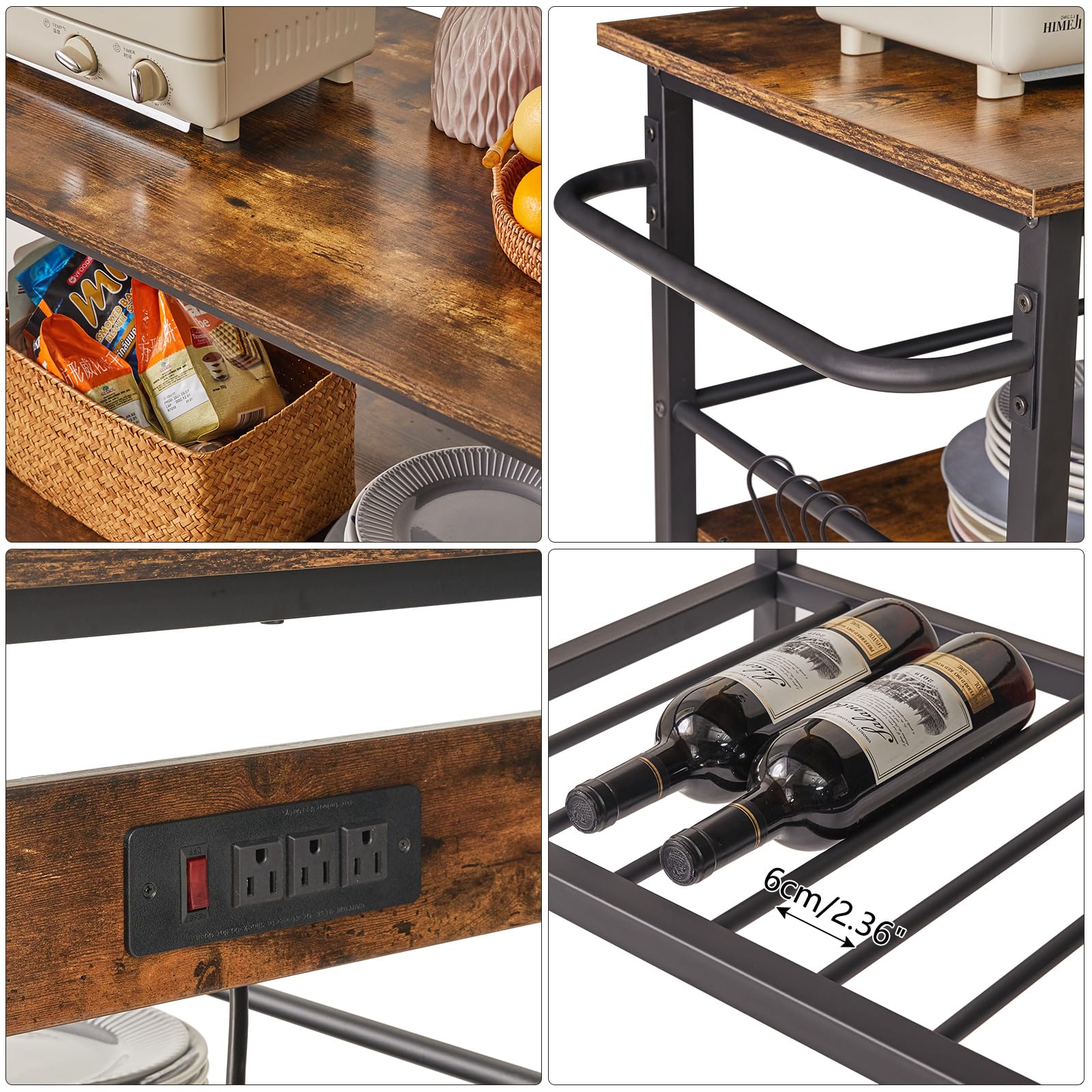 IBUYKE 3-Tier Kitchen Island Cart with Power Outlet & Large Worktop - Mobile Kitchen Table with Wheels for Food Prep, Storage & Serving - Perfect for Home Kitchen, Outdoor BBQ & Dining Room Use