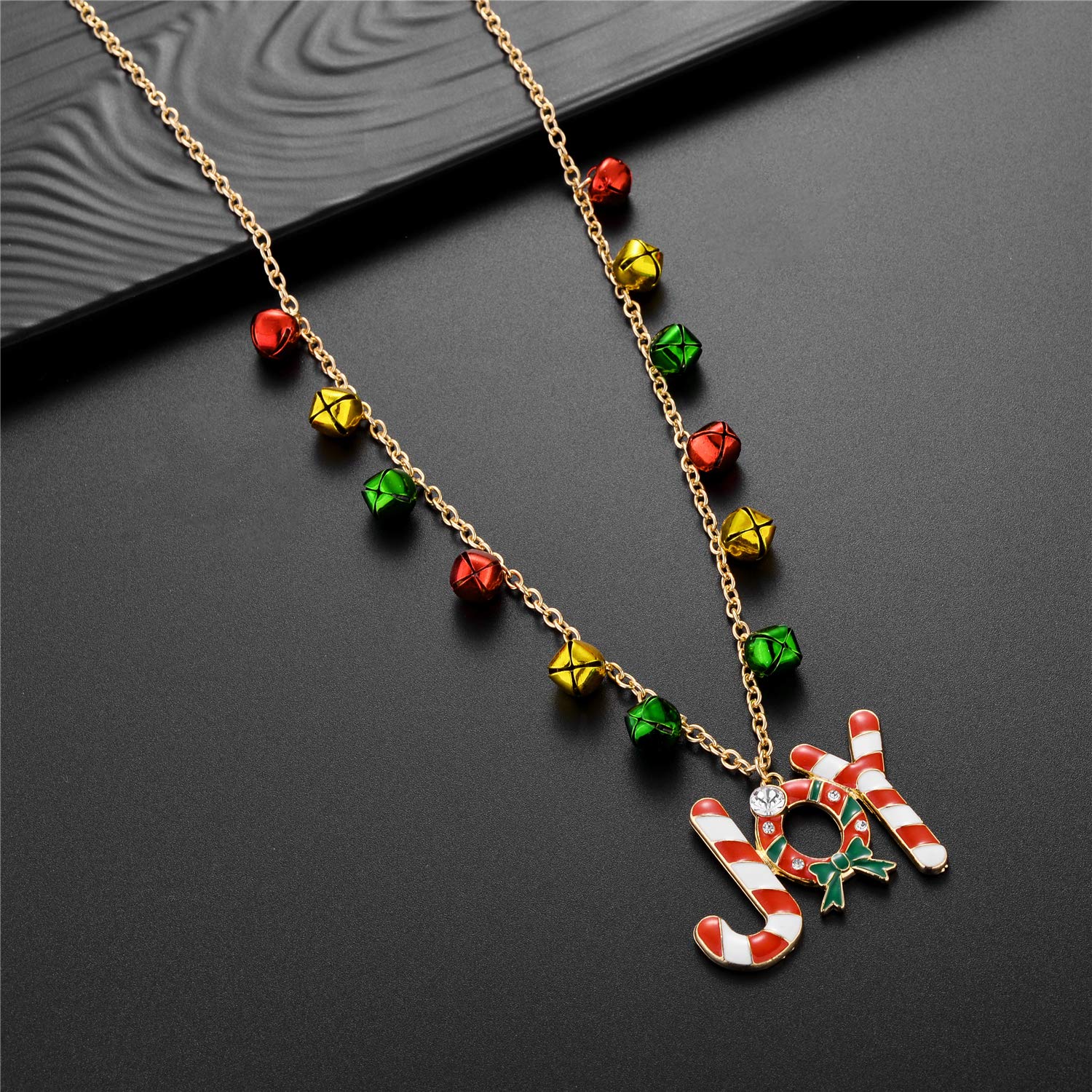 Christmas Gold Red Green Bell Necklace - Candy Cane Wreath Chain for Holiday Party