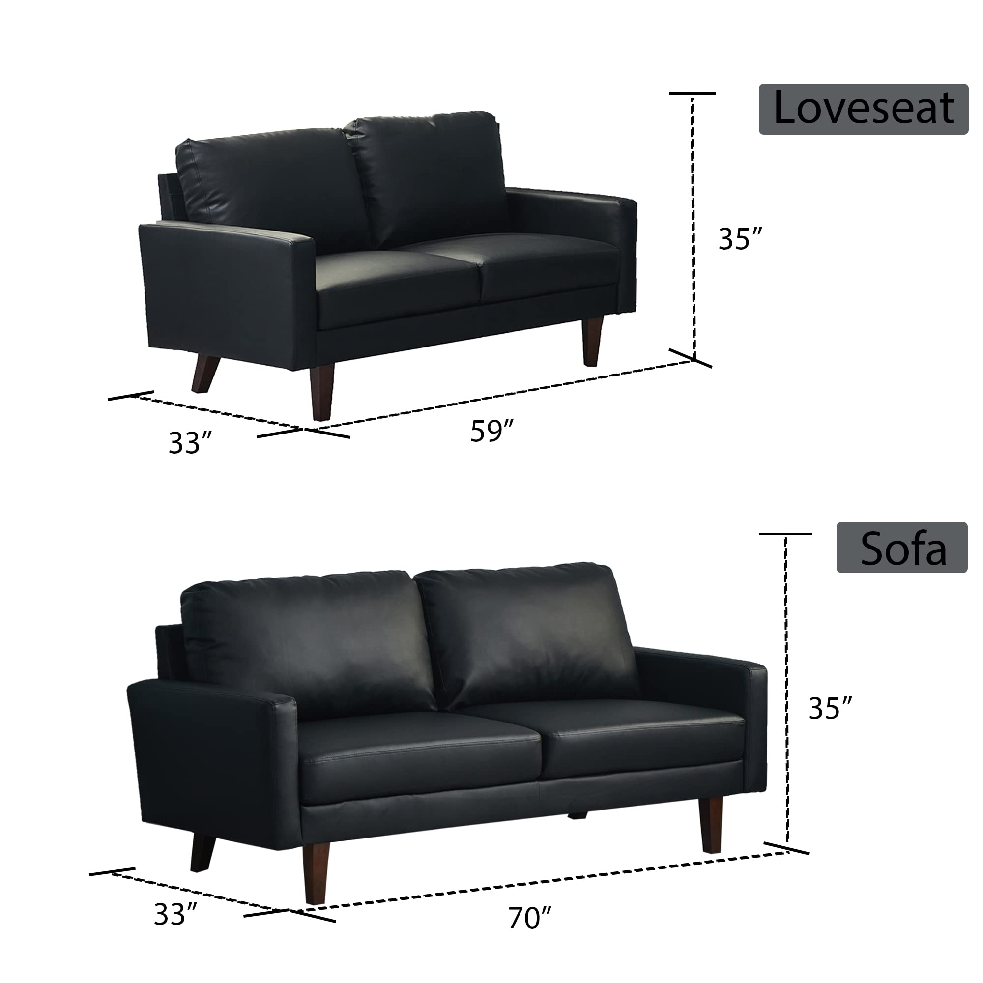 Premium Black Leather Loveseat Sofa - Modern Comfortable 2-Seater Couch with Sturdy Wooden Legs for Living Room, Office & Small Spaces - Perfect for Relaxing, Entertaining & Home Decor