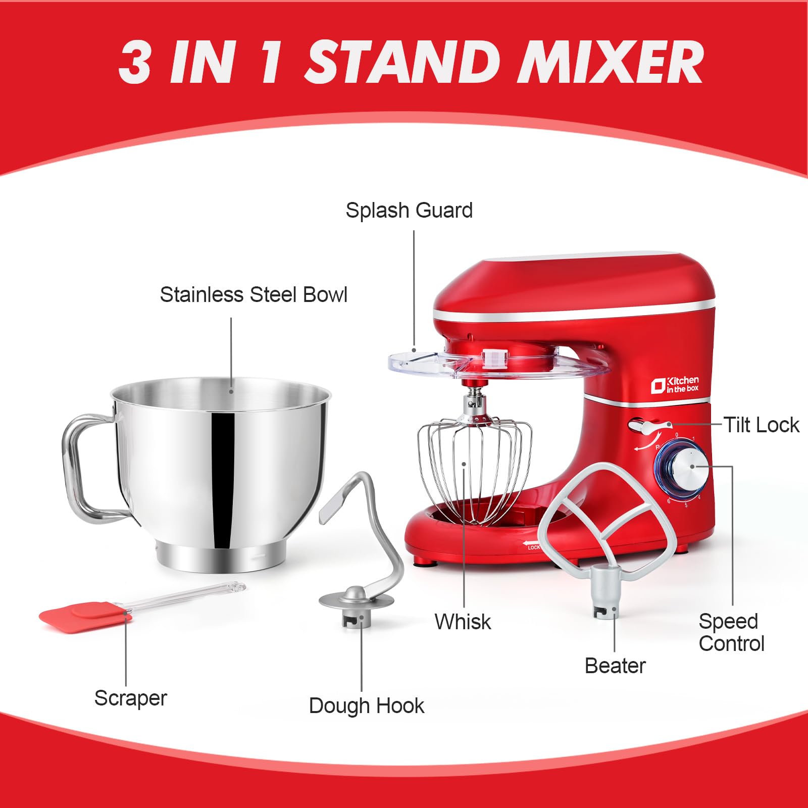 6.5QT 660W Stand Mixer - 6-Speed Tilt-Head Electric Kitchen Mixer with Dough Hook, Wire Whip & Beater - Dishwasher Safe (Red) - Perfect for Baking Cakes, Cookies, Bread & More