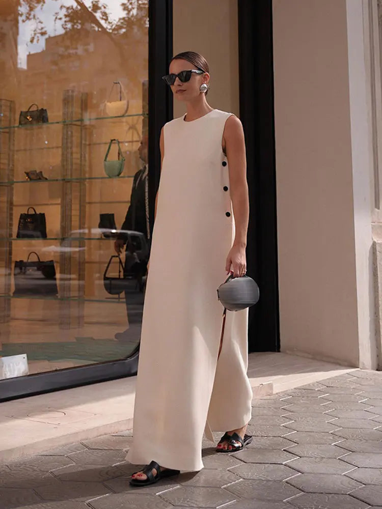 Elegant Sleeveless Button-Down Split Midi Dress for Women - Summer Casual Round Neck Loose Vestidos - High Street Fashion Beach Cover Up & Vacation Outfit