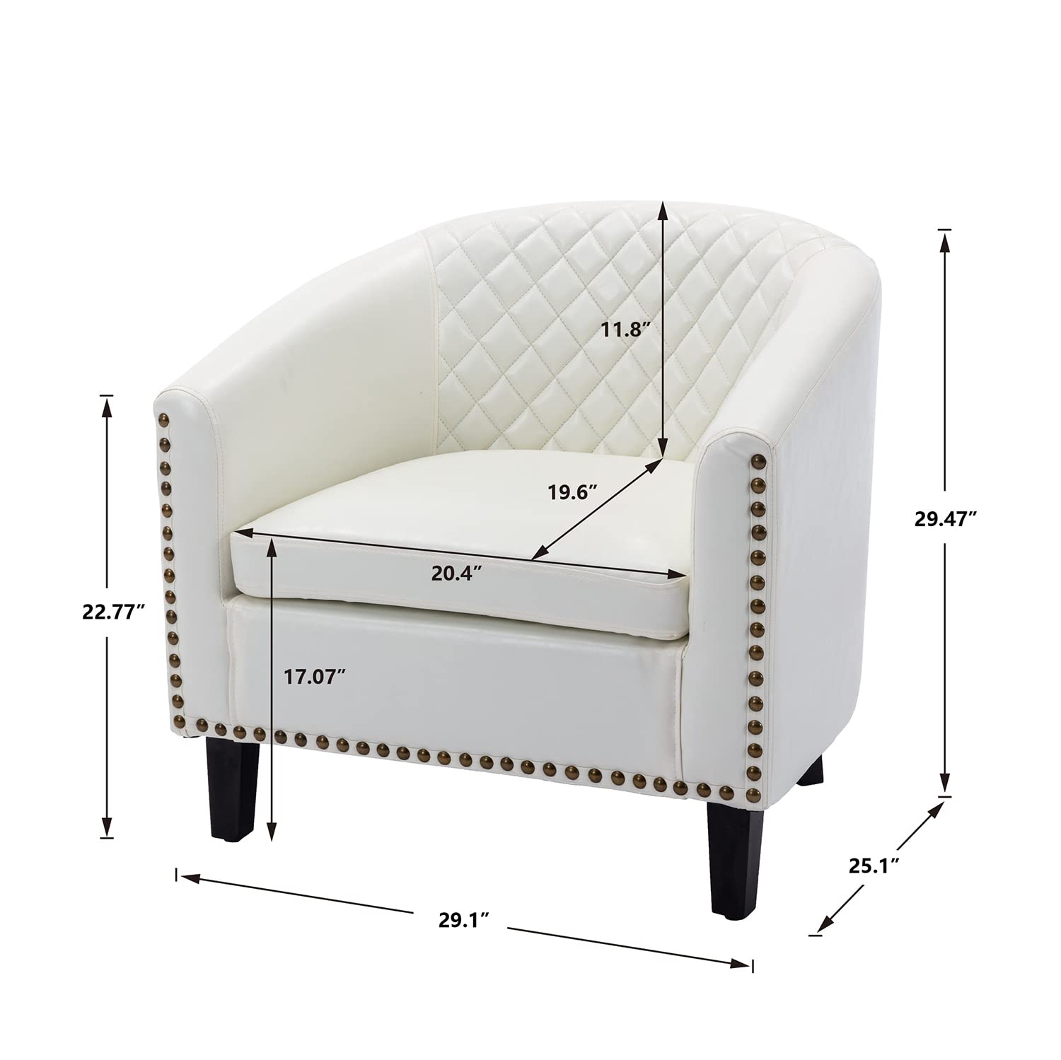 White PU Leather Accent Barrel Chair with Nailhead Trim & Solid Wood Legs - Living Room, Bedroom, or Office Seating Furniture