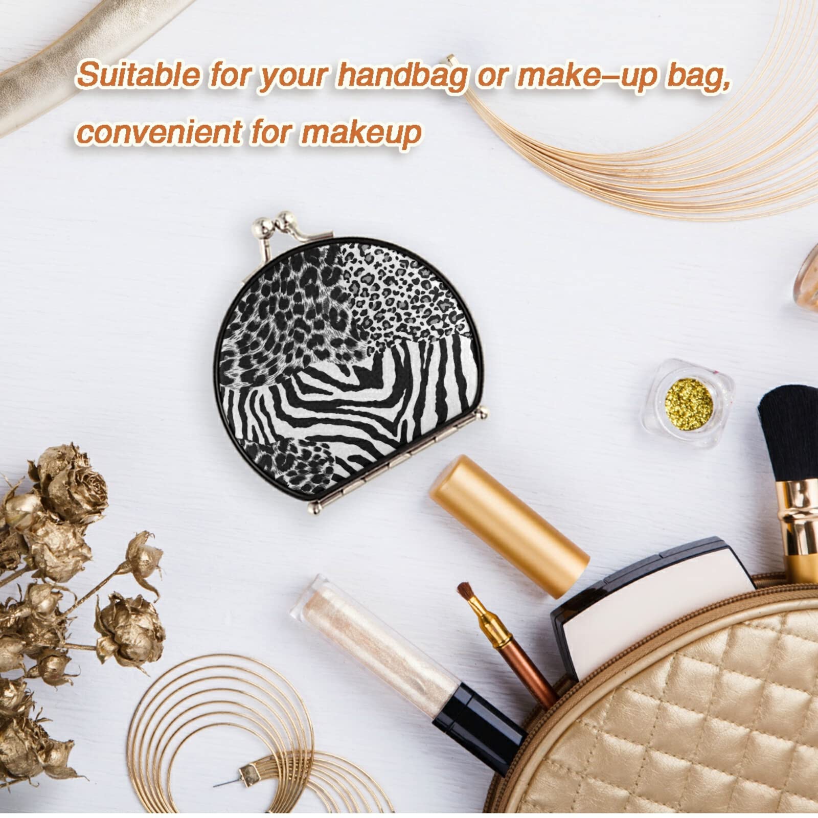 Black White Tiger Print Zebra Skin Leopard Texture Animal Skin Compact Makeup Mirror - Twin-Sided Cosmetic Mirror with 1x & 2x Magnification - Buckle Folding Mini Pocket Portable Hand Mirror for Travel, Purse & Vanity Use