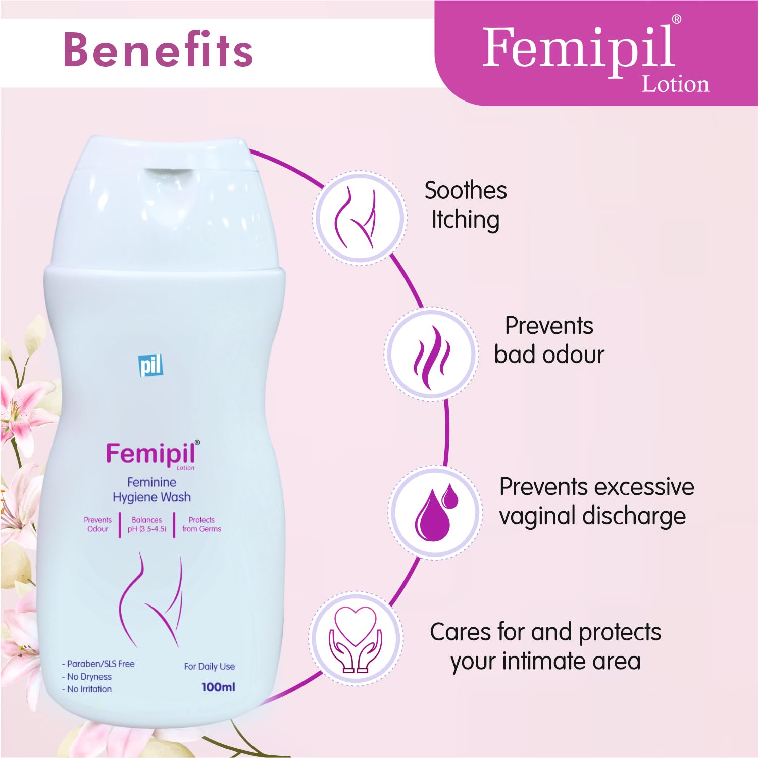 Pil Femipil Lotion - Intimate Wash for Women (100ml, Pack of 2) | Enriched with Vitamin E, Aloe Vera & Lactic Acid | Prevents Dryness, Itching & Irritation | Gentle pH-Balanced Feminine Hygiene for Daily Use & Post-Workout Care