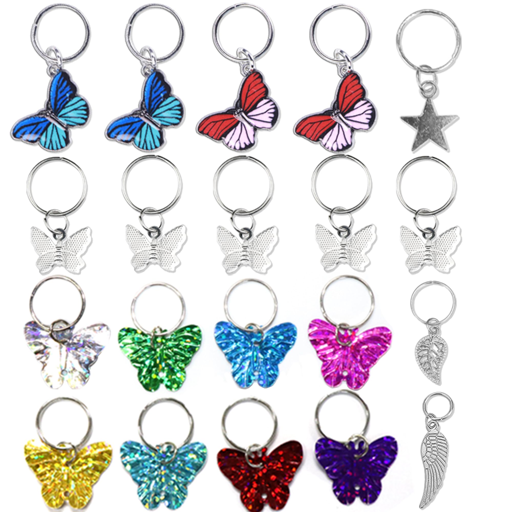 NAISKA 20Pcs Silver Butterfly Hair Clips - Dreadlock Accessories with Colorful Pendant Charms, Braid Beads & Cuffs - Hair Jewelry Gifts for Women (Perfect for Boho Style, Festivals, and Everyday Hair Styling)