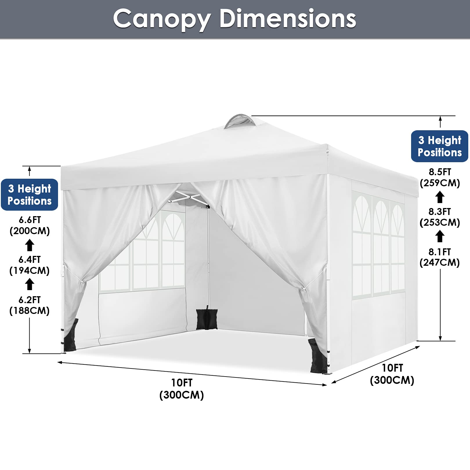 COBIZI 10x10 Pop Up Canopy Tent - Waterproof Instant Gazebo with 4 Sidewalls for Outdoor Events, Parties, Backyard & Commercial Use - Includes 4 Sandbags, 4 Stakes & 8 Ropes (White) - Perfect for Picnics, Farmers Markets, Beach Days and Tailgating