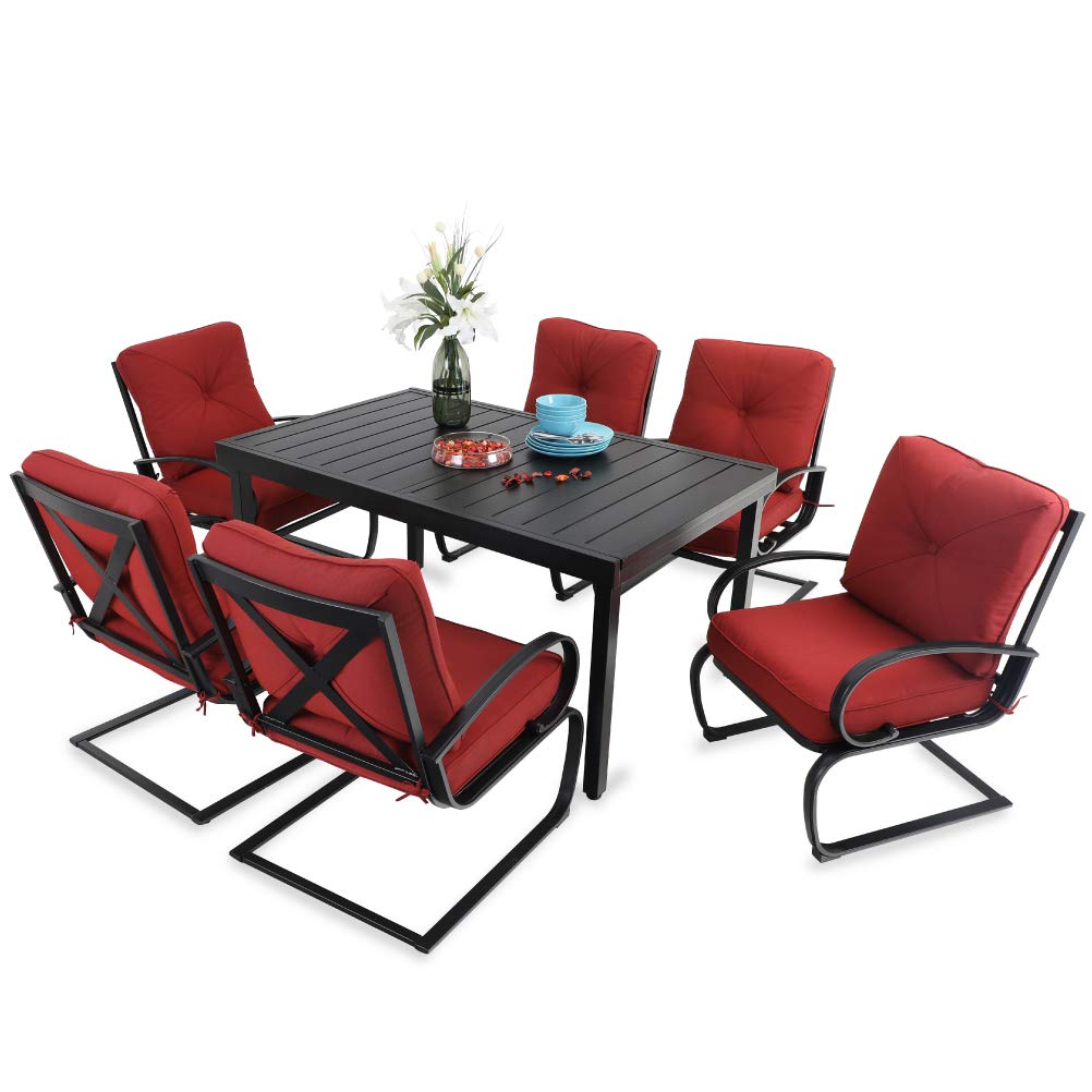 PHI VILLA 7-Piece Outdoor Patio Furniture Set with 6 Spring Motion Cushion Chairs & Extendable Metal Table - Red Garden Dining Set for Backyard, Lawn, Poolside & Outdoor Entertaining