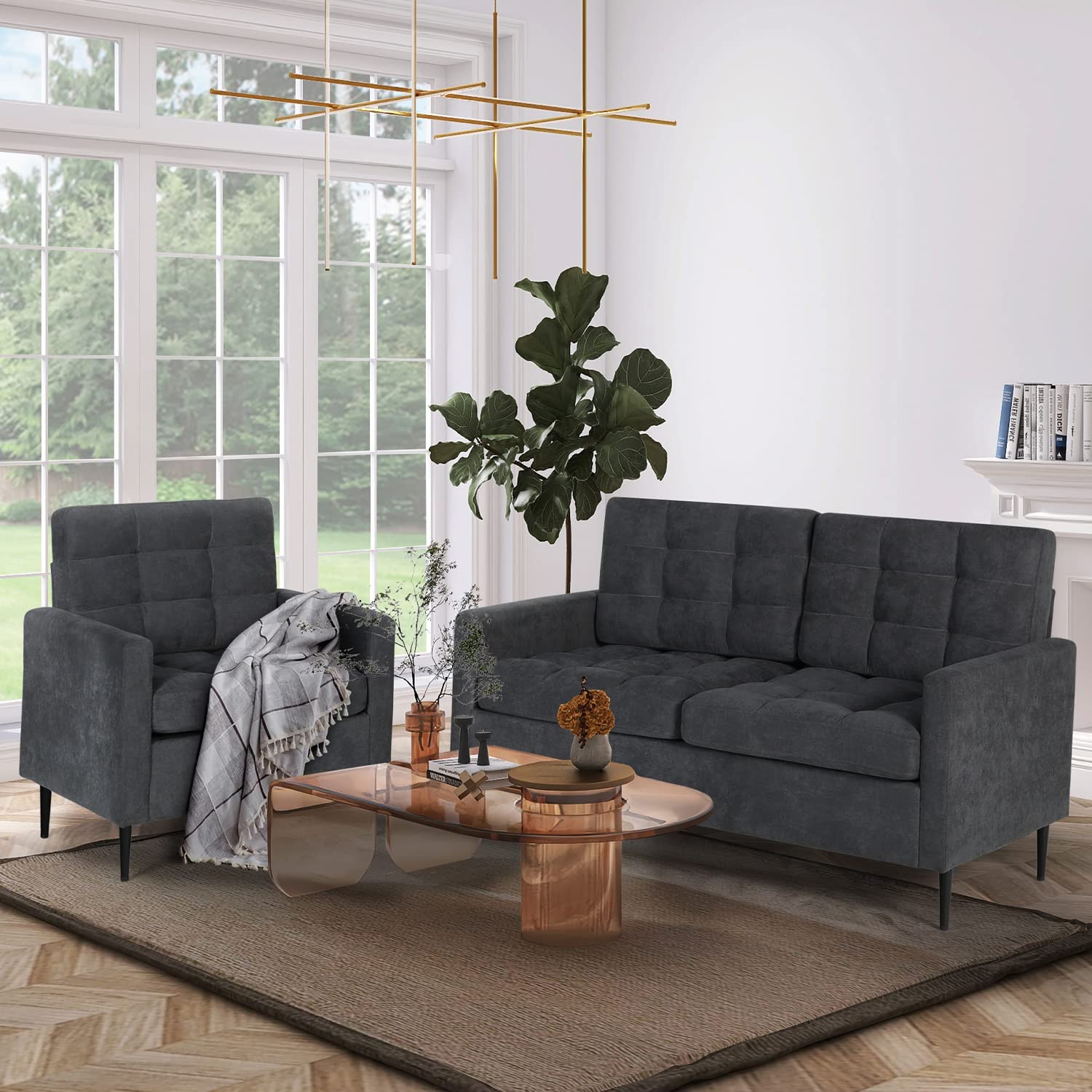 Modern Mid-Century 2-Piece Sectional Sofa Set with Tufted Fabric & Black Iron Legs - Grey Loveseat & Accent Arm Chairs for Small Spaces, Apartments, Office - Perfect for Living Rooms, Studios & Cozy Home Decor