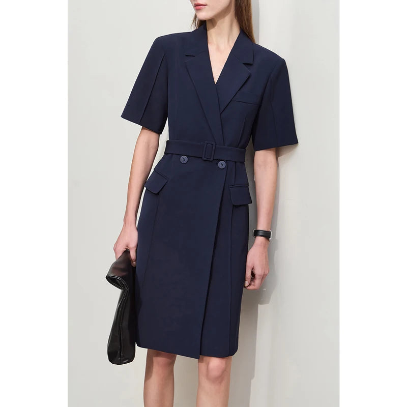 Elegant Minimalist Blazer Dress for Women - Spring New Turn Down Collar Belted Short Sleeve Pleated Dress | Office Wear, Cocktail Party, Business Casual Outfit