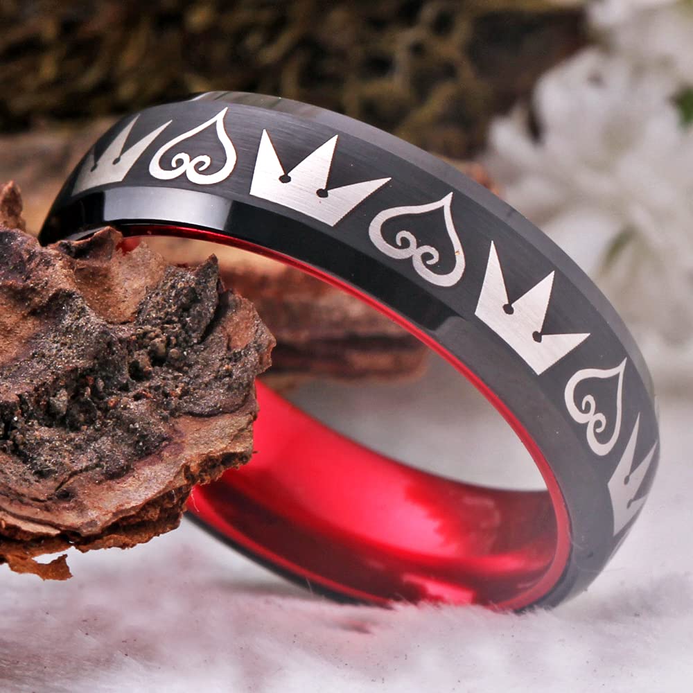 Kingdom Hearts & Crowns Design Cosplay Ring - 8mm Wide Red & Black Tungsten Wedding Band with Matte Finish & Beveled Edges - Free Custom Engraving - Perfect for Cosplay, Anime Conventions, and Gothic Weddings
